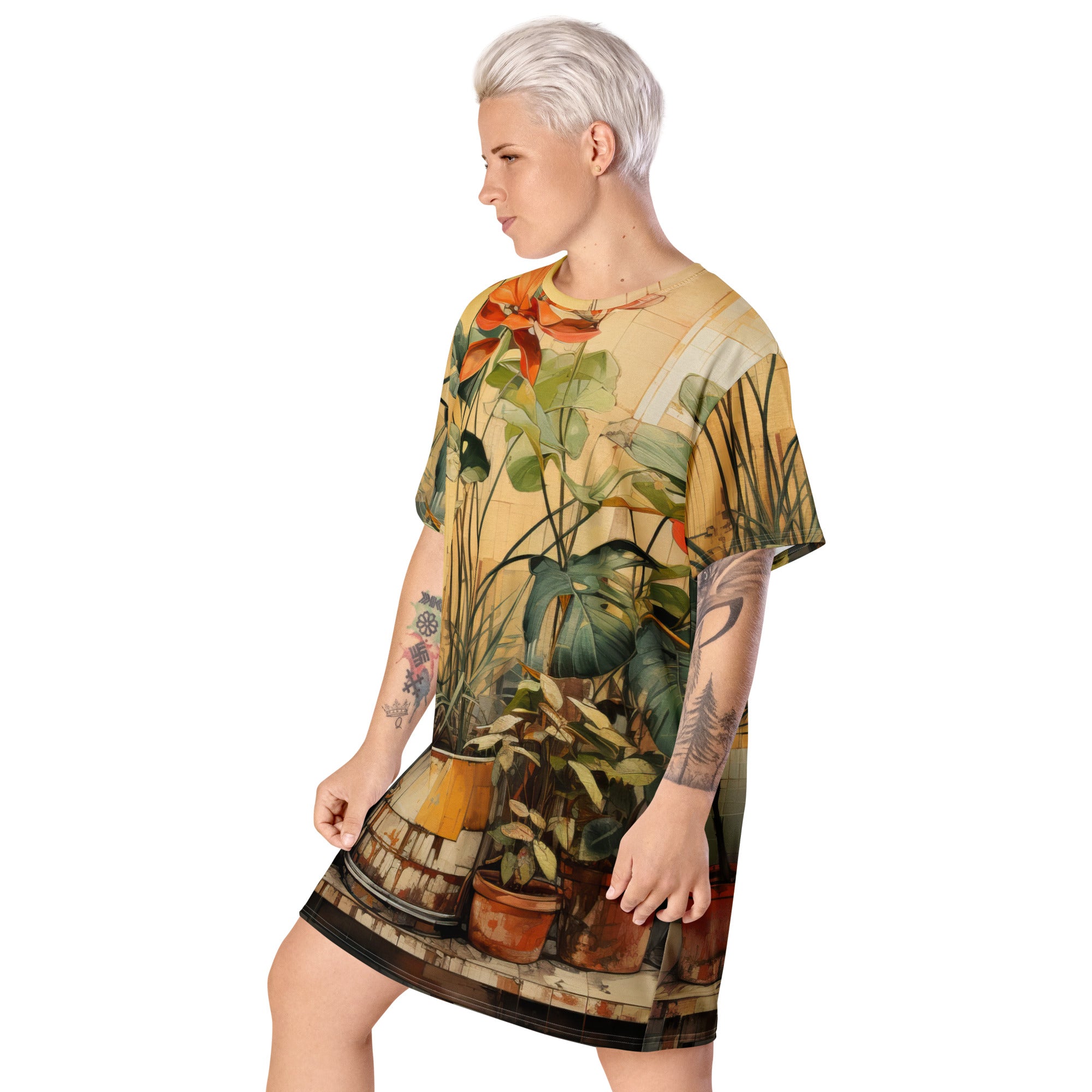 Womens Graphic T-shirt Dress featuring an earthy rustic potted plants print, showcasing its comfortable oversized fit and stylish design.