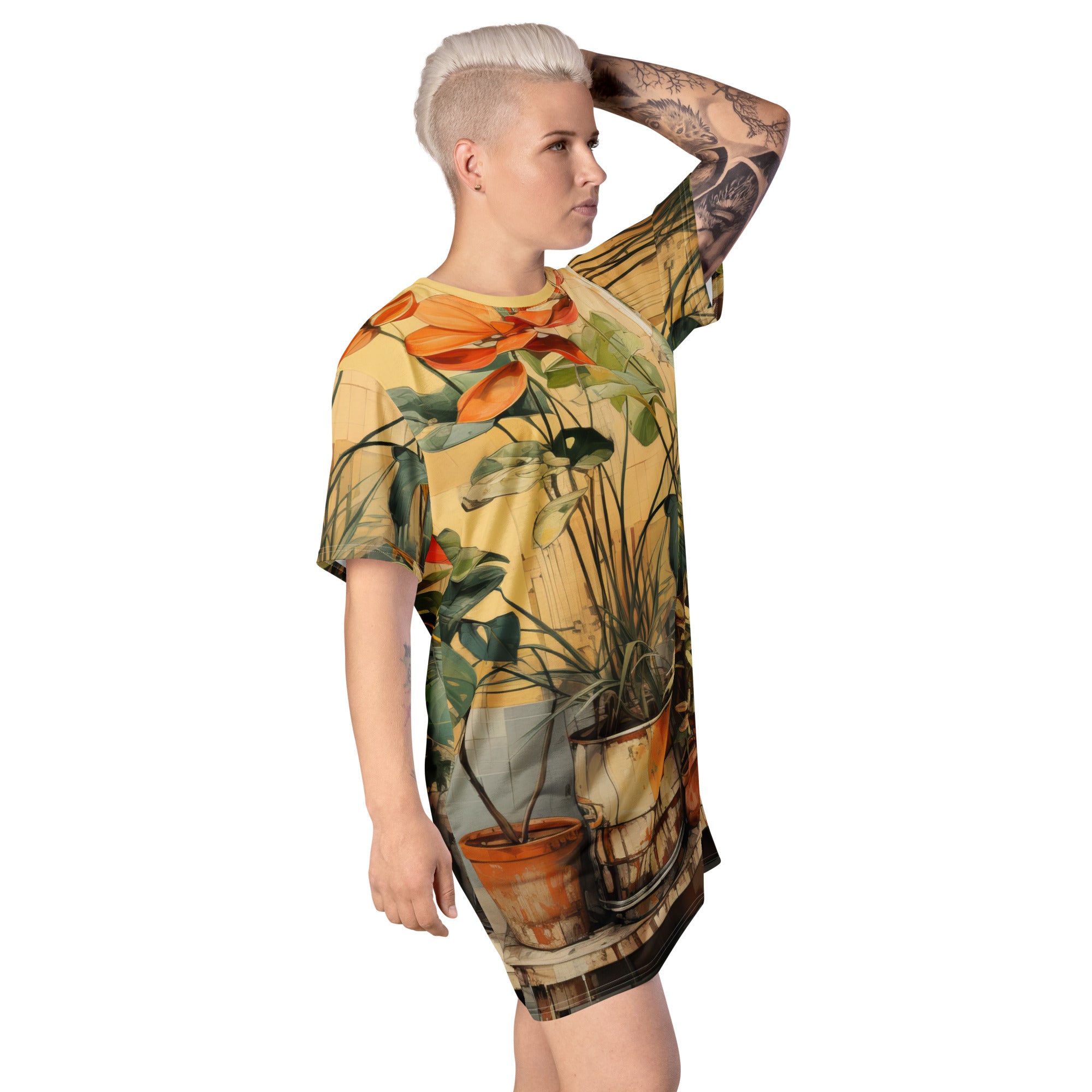 Womens Graphic T-shirt Dress featuring an earthy rustic potted plants print, showcasing its comfortable oversized fit and stylish design.
