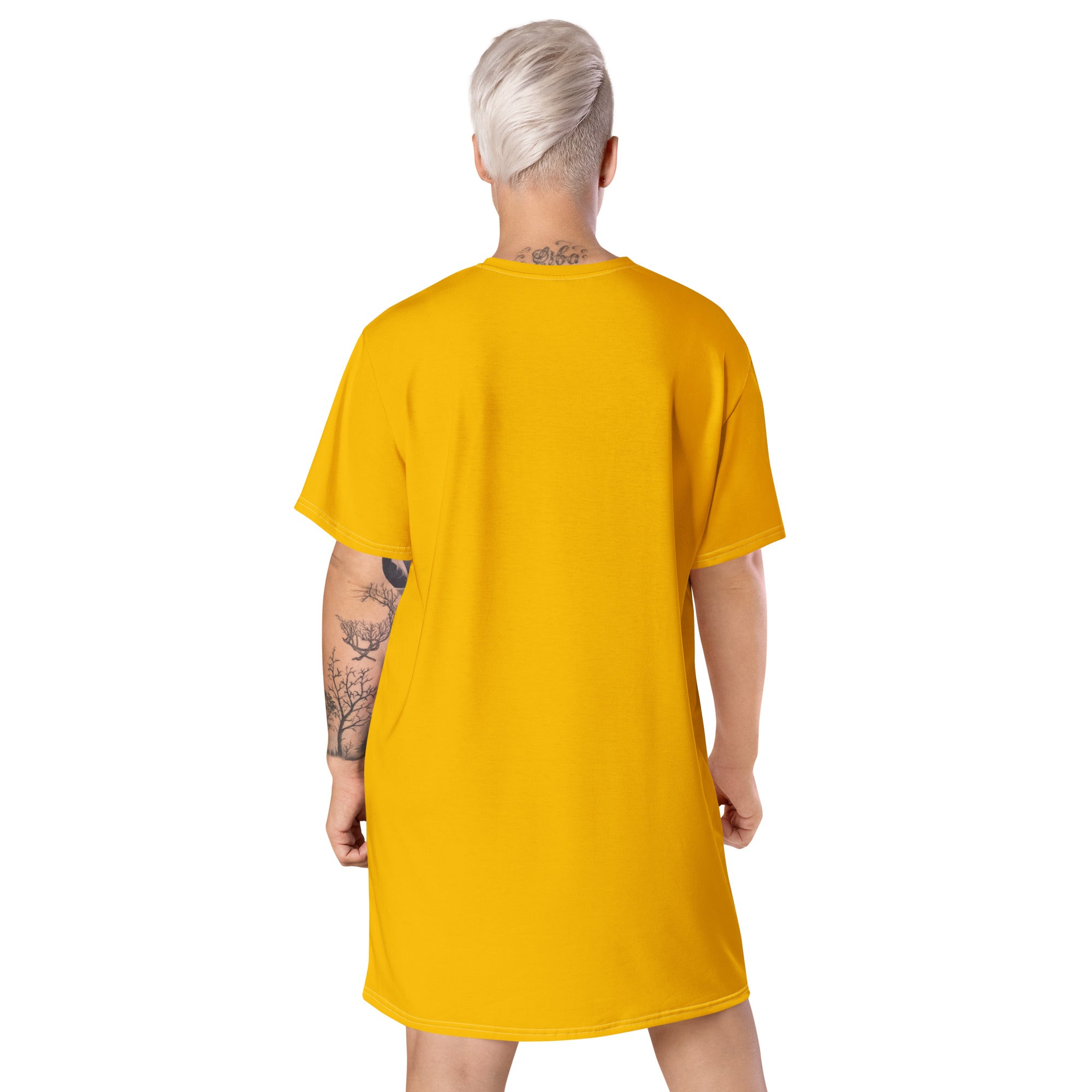 A stylish Women's Graphic T-shirt Dress in vibrant golden yellow, featuring a relaxed fit and a unique graphic design, perfect for casual and dressy occasions.
