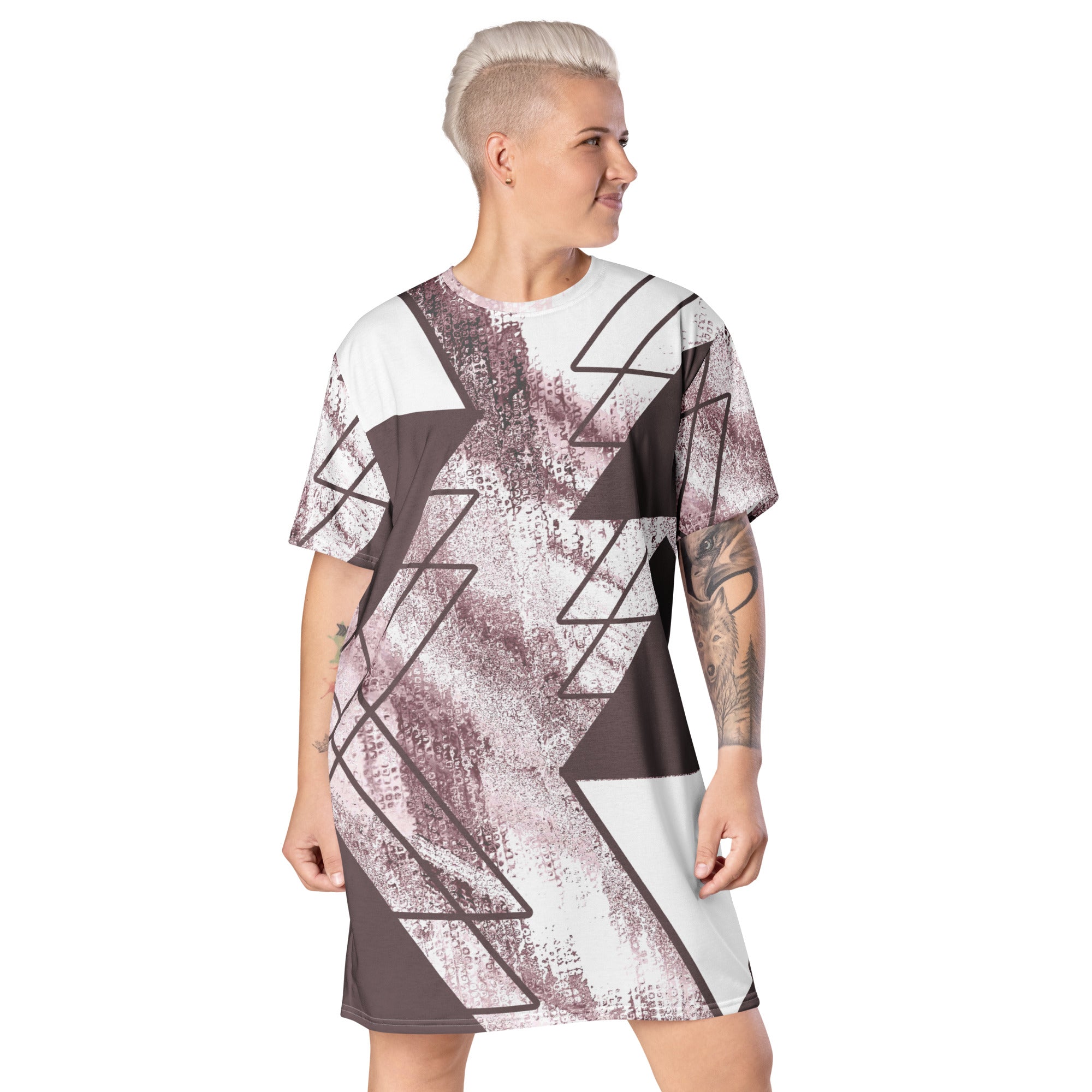 Womens Graphic T-shirt Dress in Mauve Rose and White Triangular colorblock design, showcasing its oversized fit and stylish look.