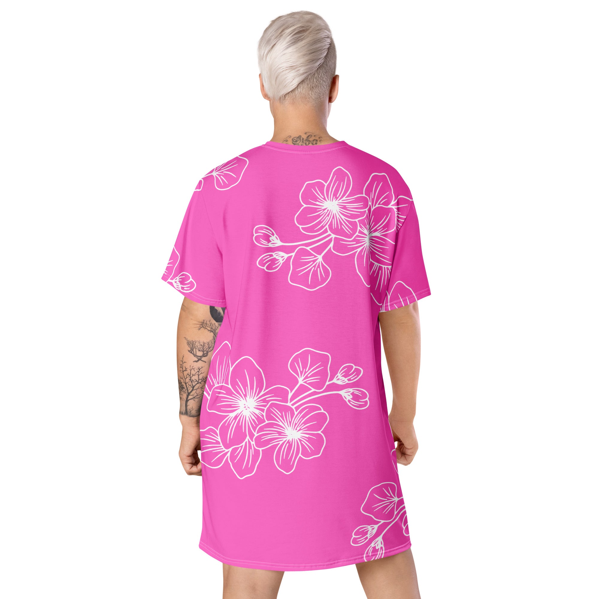 Womens Graphic T-shirt Dress in Pink Floral, showcasing a comfortable oversized fit and stylish floral design.