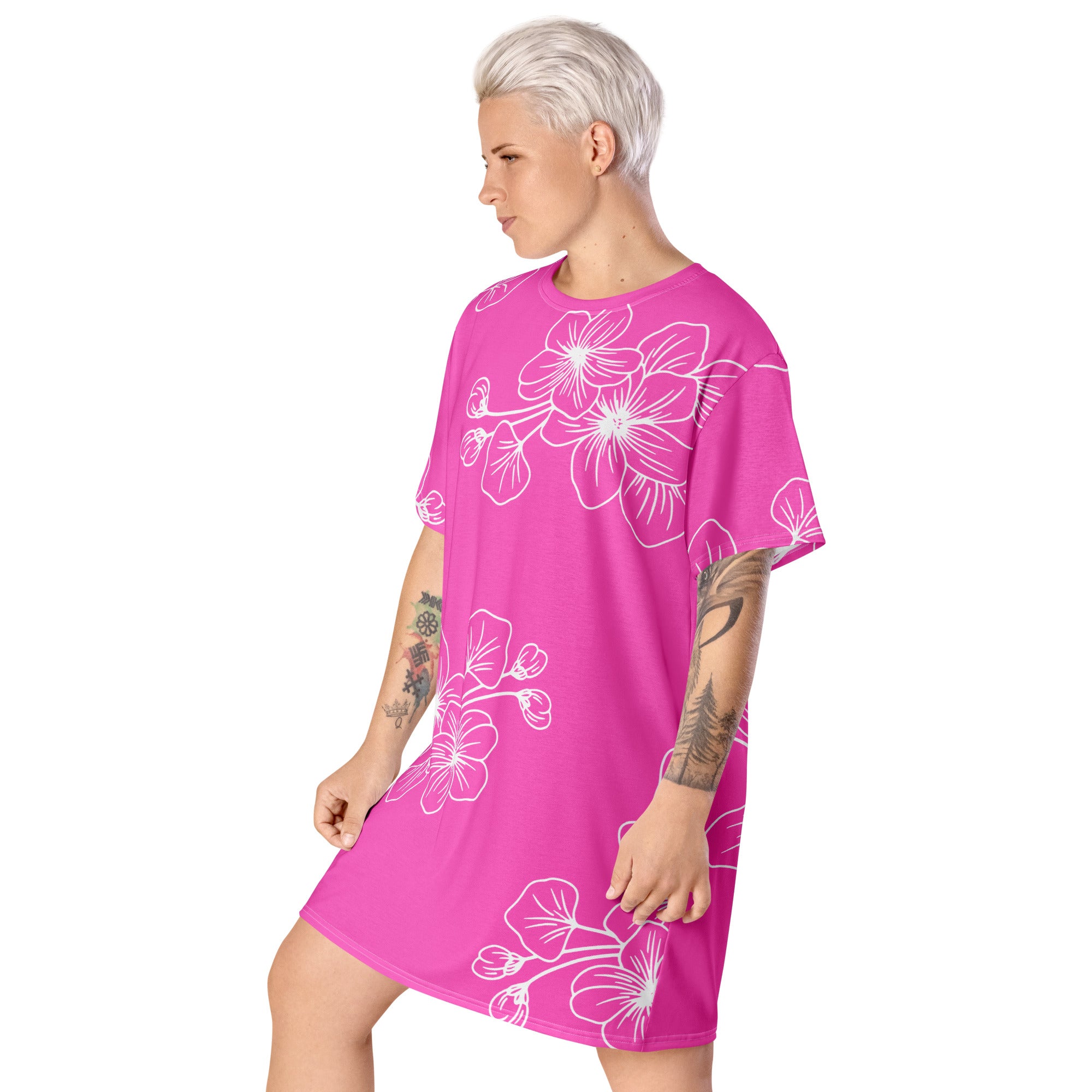 Womens Graphic T-shirt Dress in Pink Floral, showcasing a comfortable oversized fit and stylish floral design.