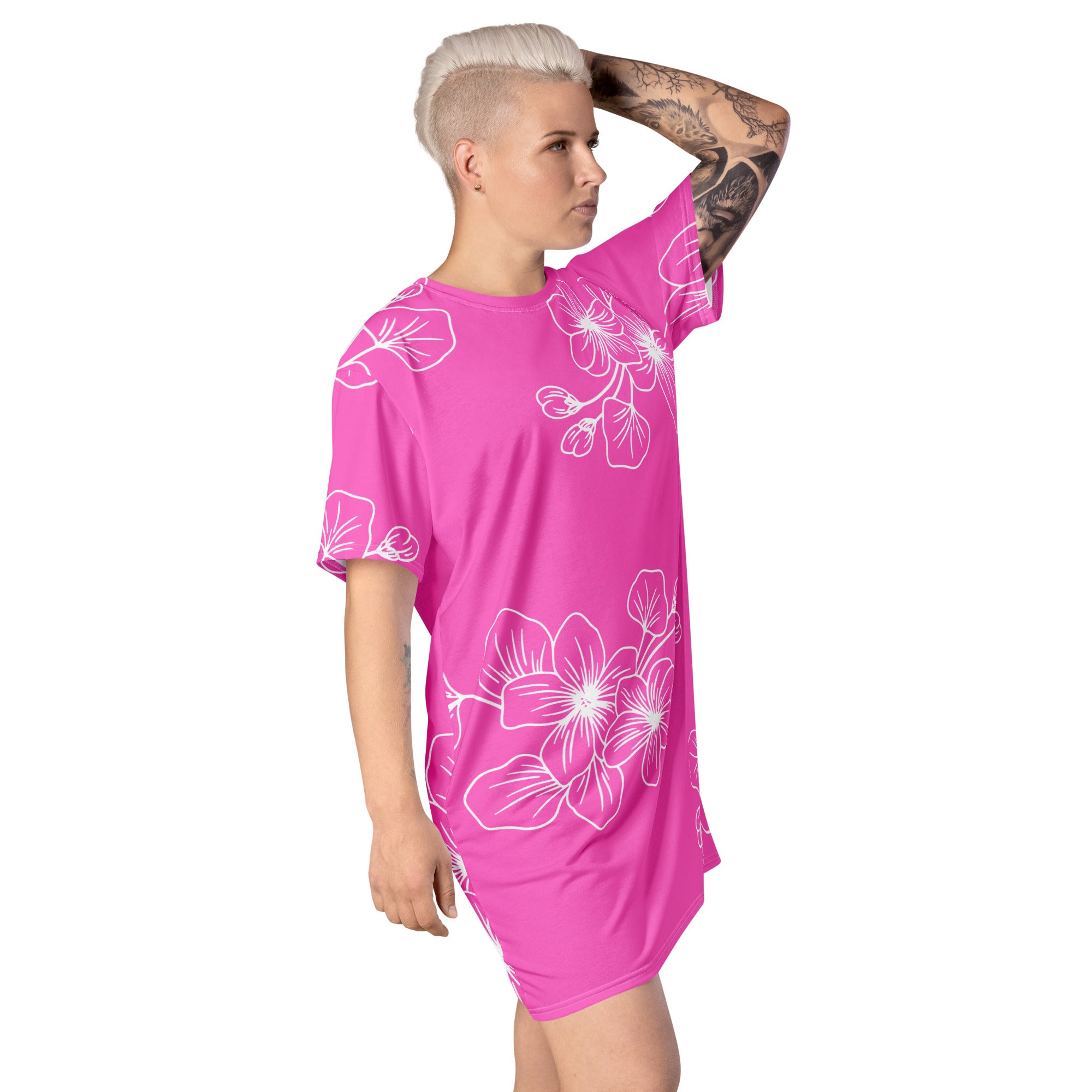 Womens Graphic T-shirt Dress in Pink Floral, showcasing a comfortable oversized fit and stylish floral design.