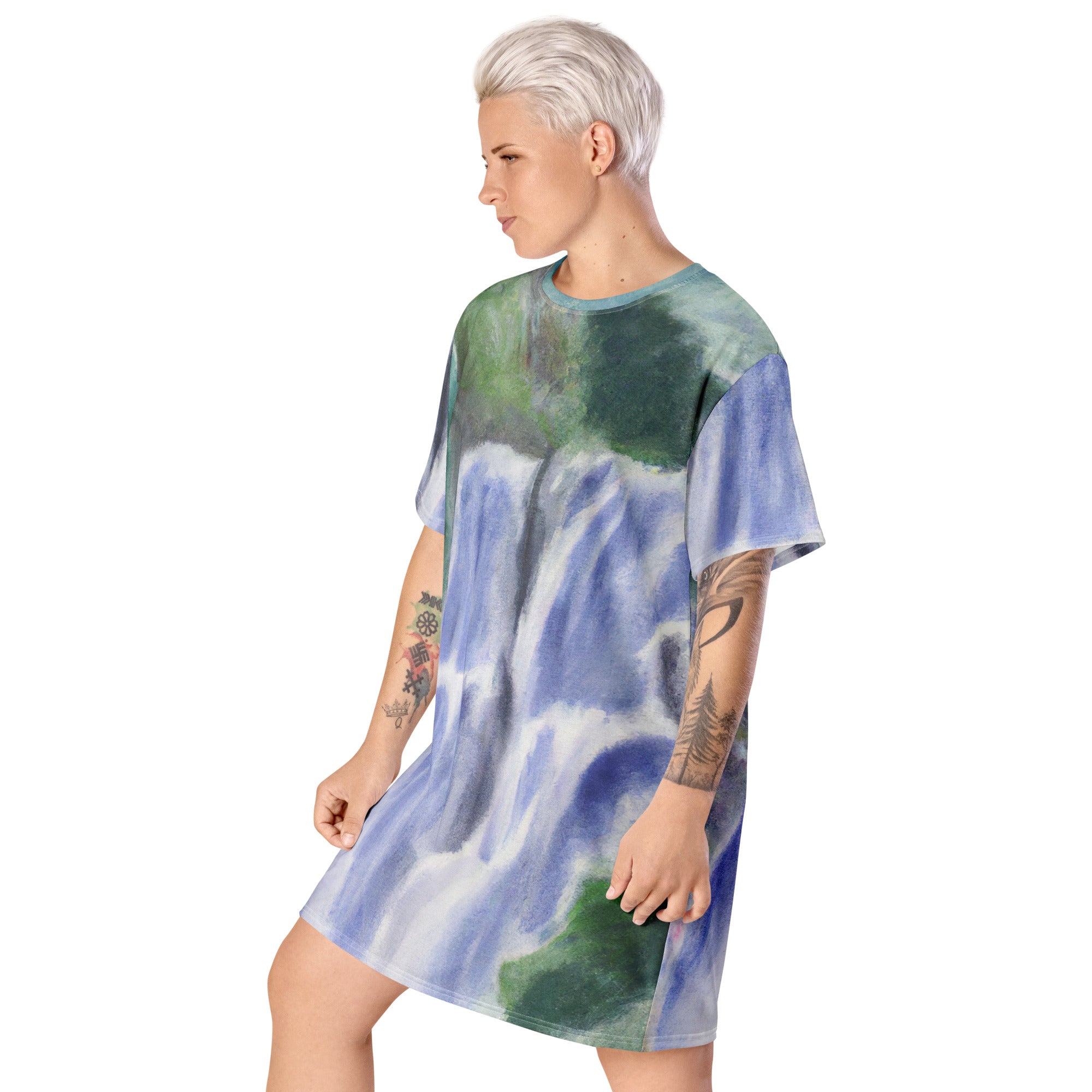 Womens Graphic T-shirt Dress featuring a Purple Watercolor Waterfall Green landscape print, showcasing a comfortable oversized fit.