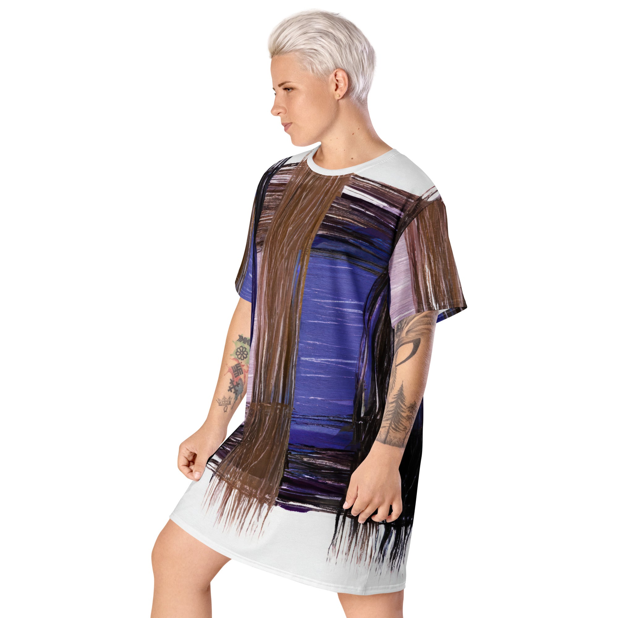 Womens Graphic T-shirt Dress in Rustic Brown with Interweave Print, showcasing its oversized fit and stylish design.