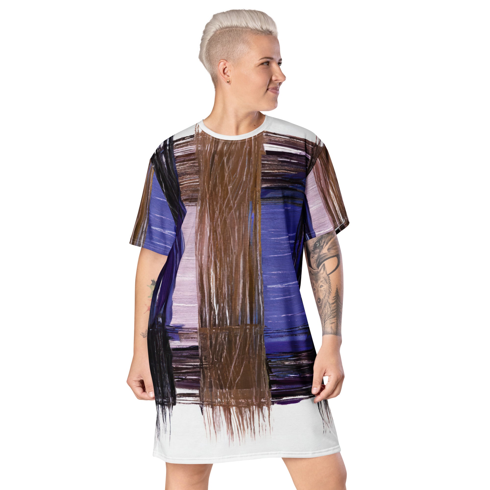 Womens Graphic T-shirt Dress in Rustic Brown with Interweave Print, showcasing its oversized fit and stylish design.