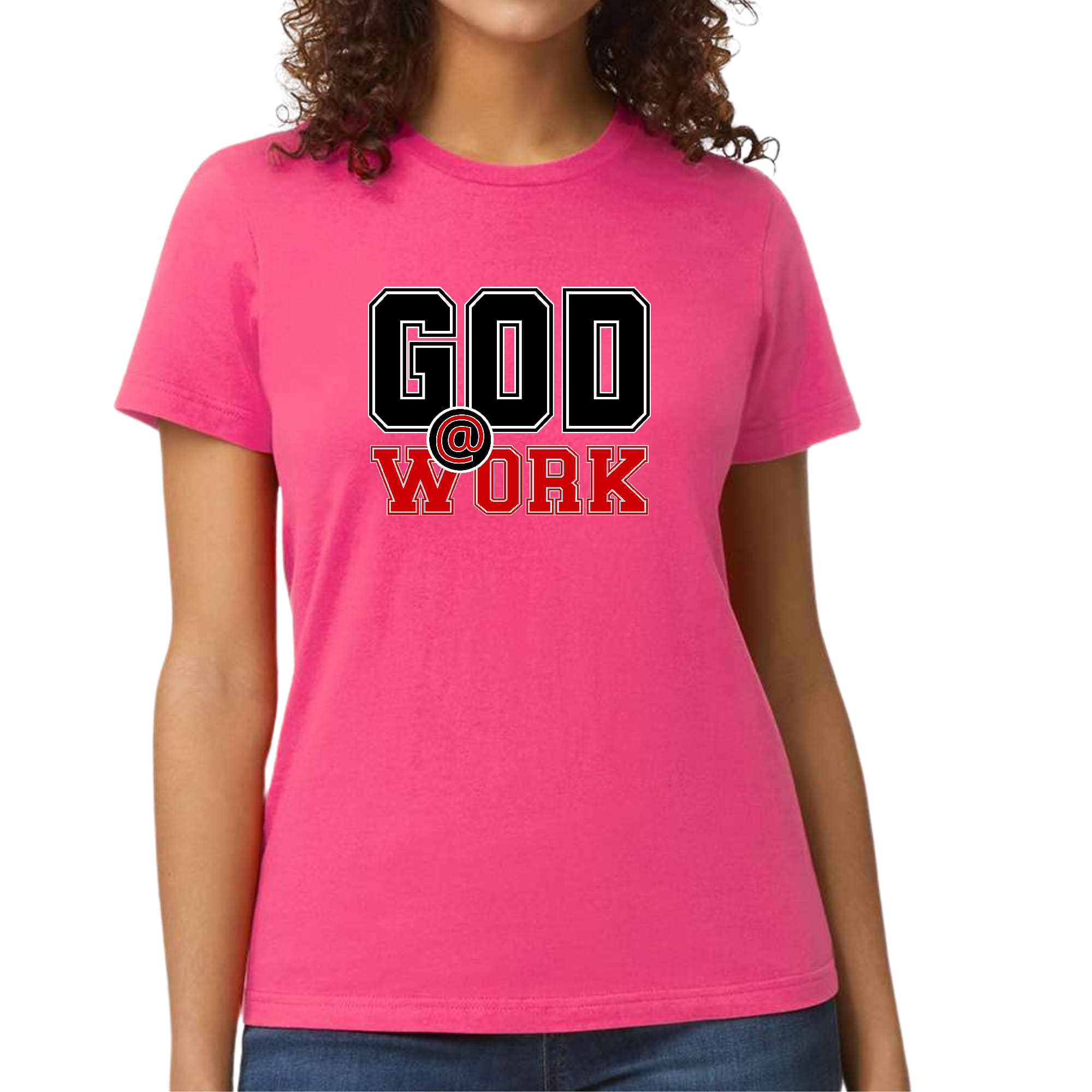 Women's fitted graphic t-shirt featuring a bold God @ Work print in black and red, showcasing artistic expression.