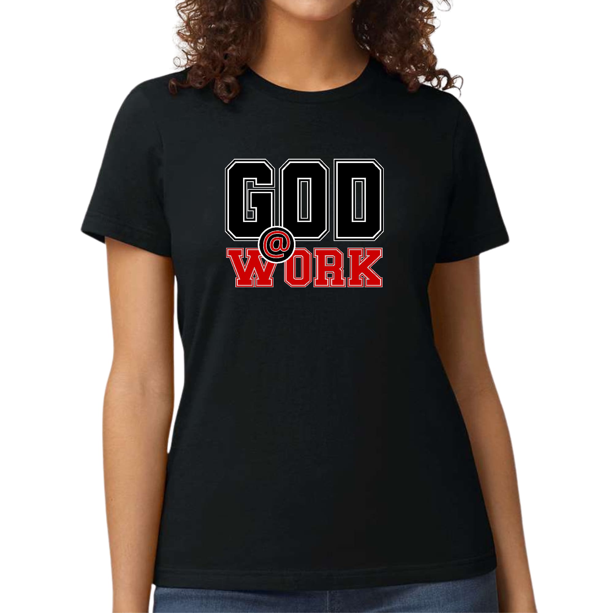 Women's fitted graphic t-shirt featuring a bold God @ Work print in black and red, showcasing artistic expression.