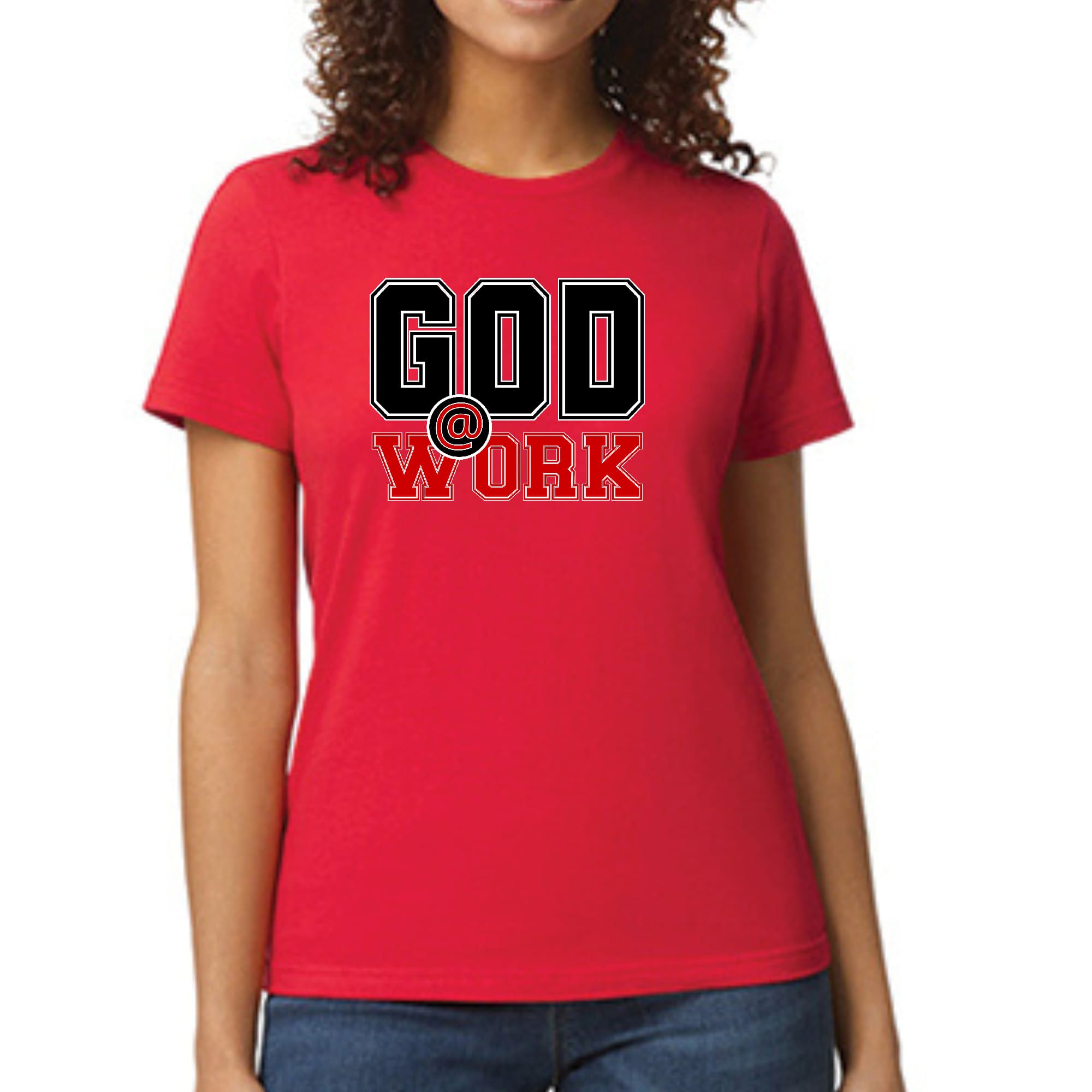 Women's fitted graphic t-shirt featuring a bold God @ Work print in black and red, showcasing artistic expression.