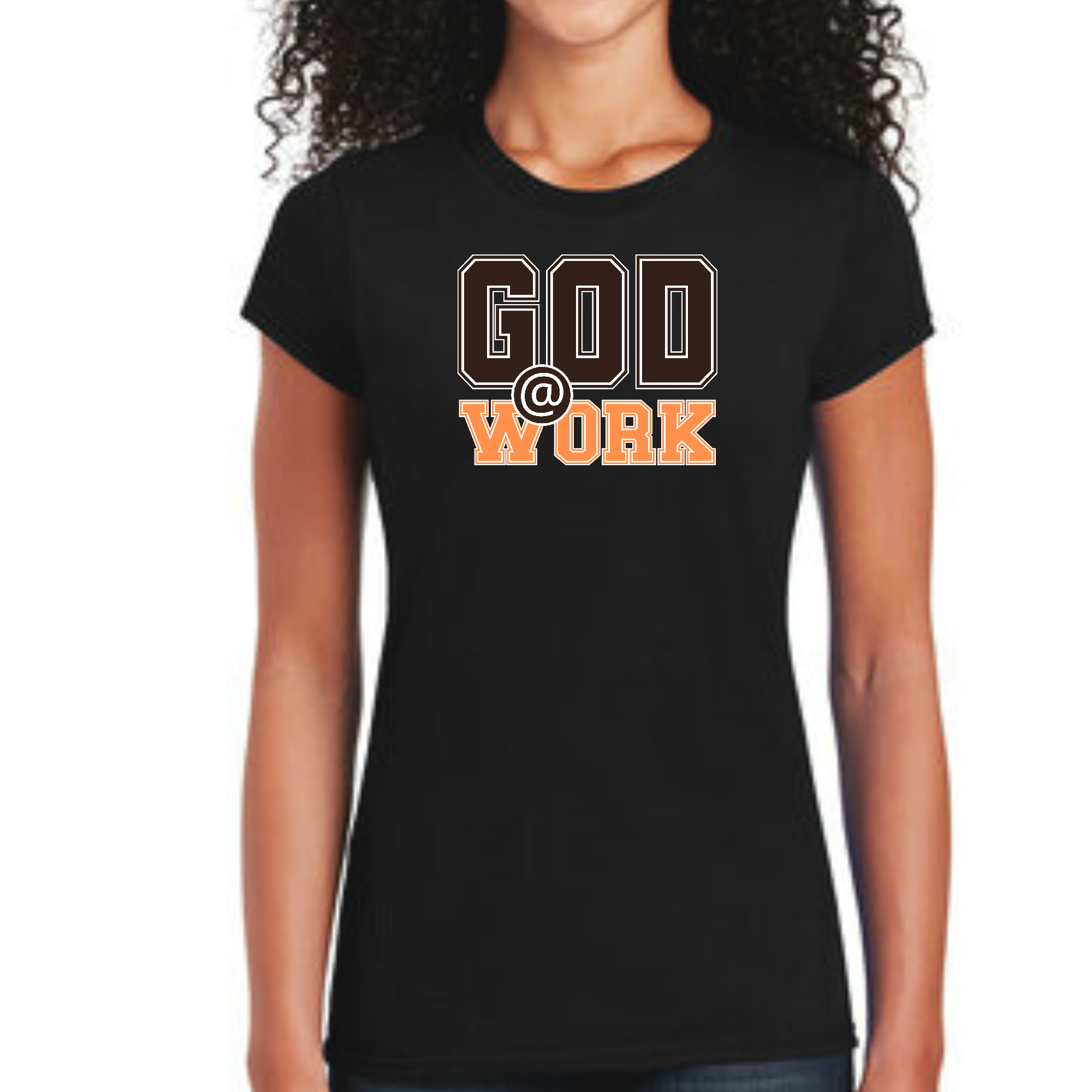 Women's fitted graphic t-shirt featuring a brown and orange 'God @ Work' print, showcasing artistic expression and comfort.