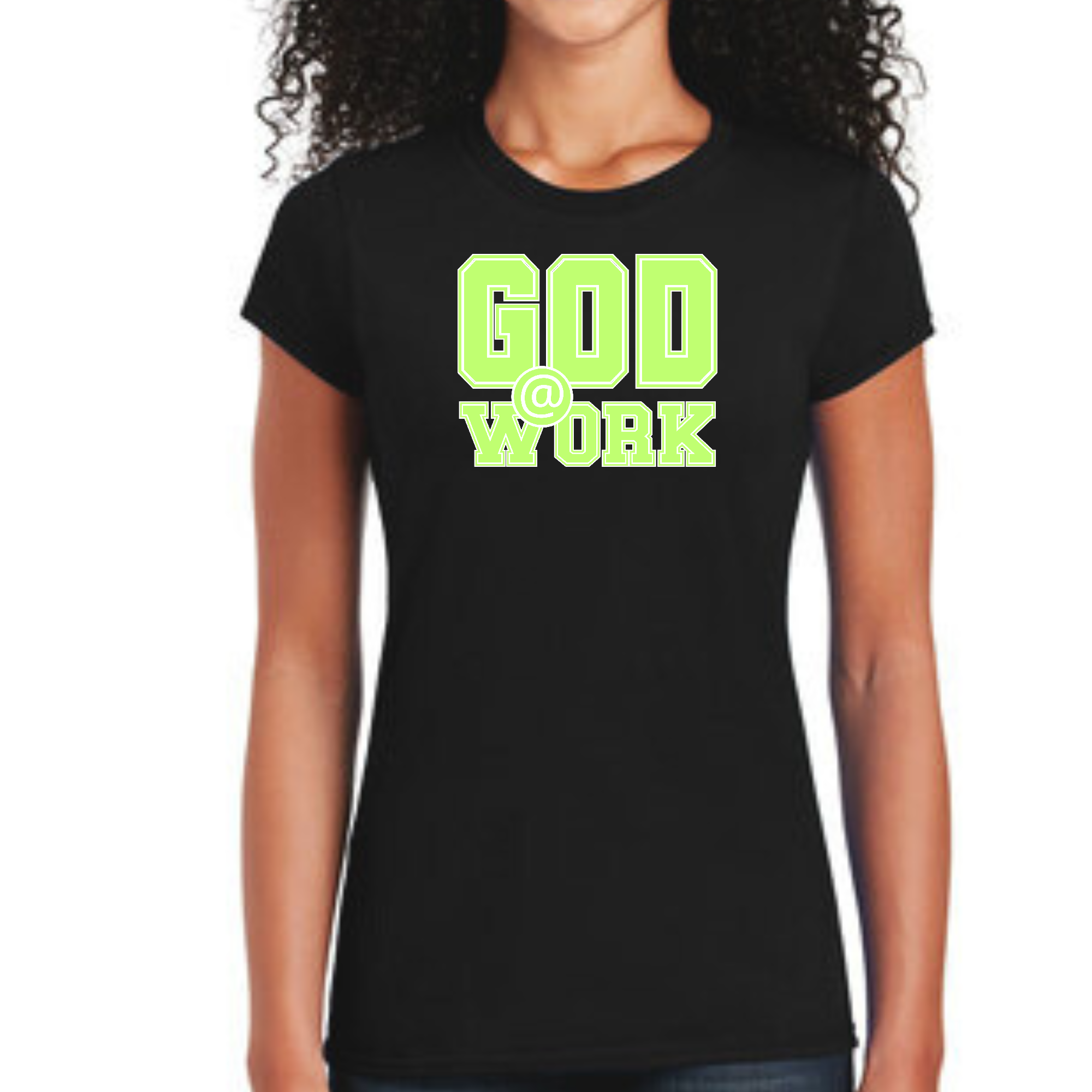 Women's fitted graphic t-shirt in neon green and white with 'God @ Work' print, showcasing artistic expression and individuality.