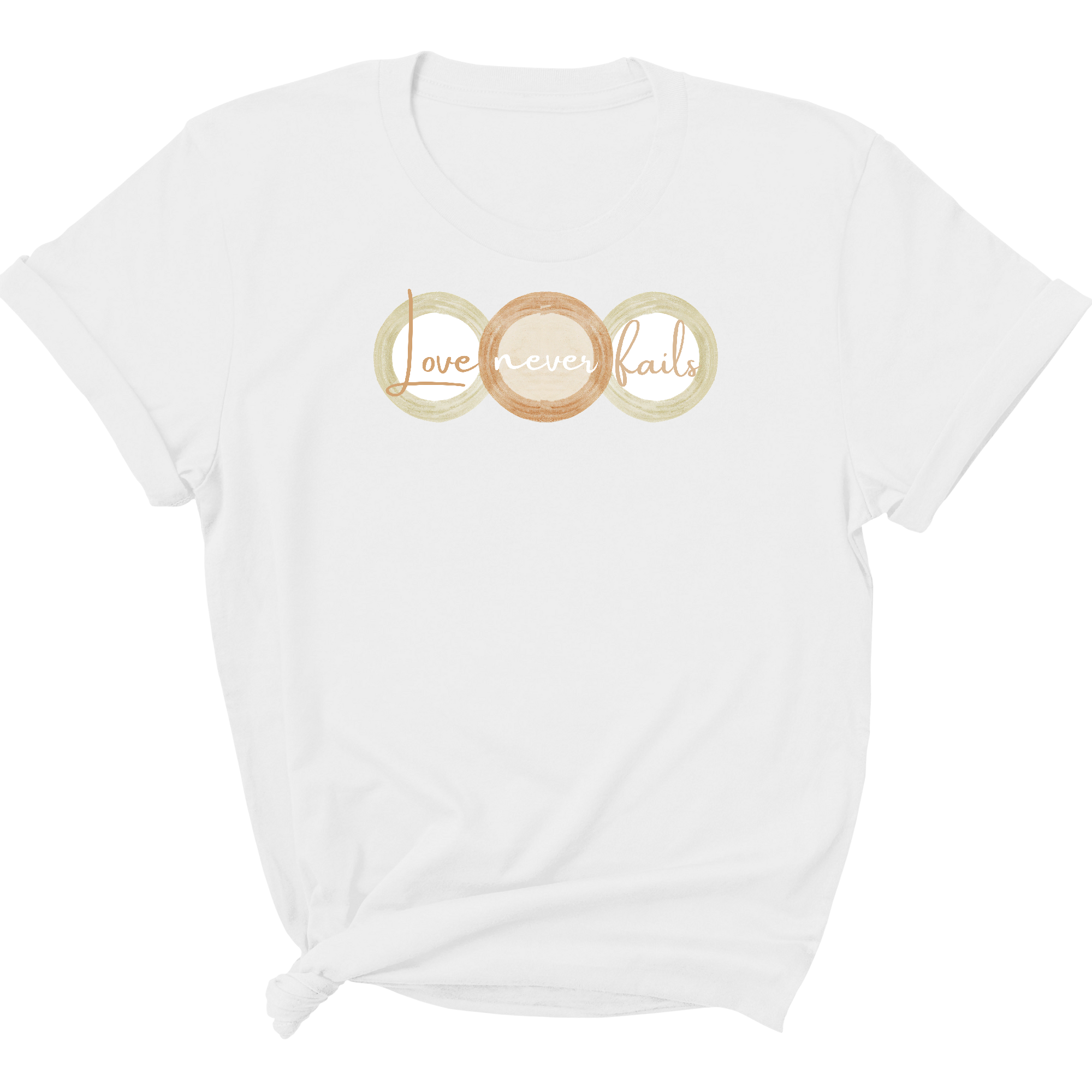 Womens Graphic T-shirt in pastel brown, beige, and green with 'Love Never Fails' design, showcasing a comfortable fit and stylish look.