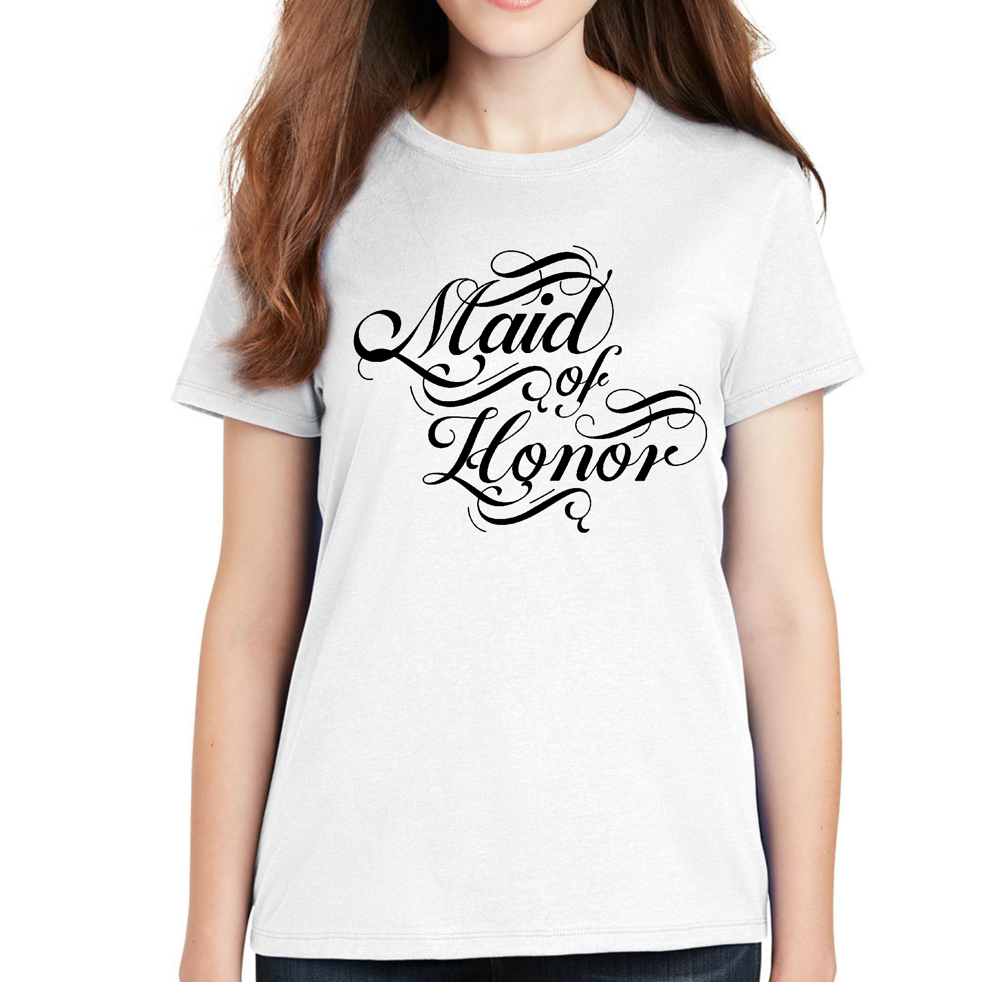 Women's graphic t-shirt featuring 'Maid of Honor' design, made from soft cotton with a unisex fit, perfect for bridal parties.