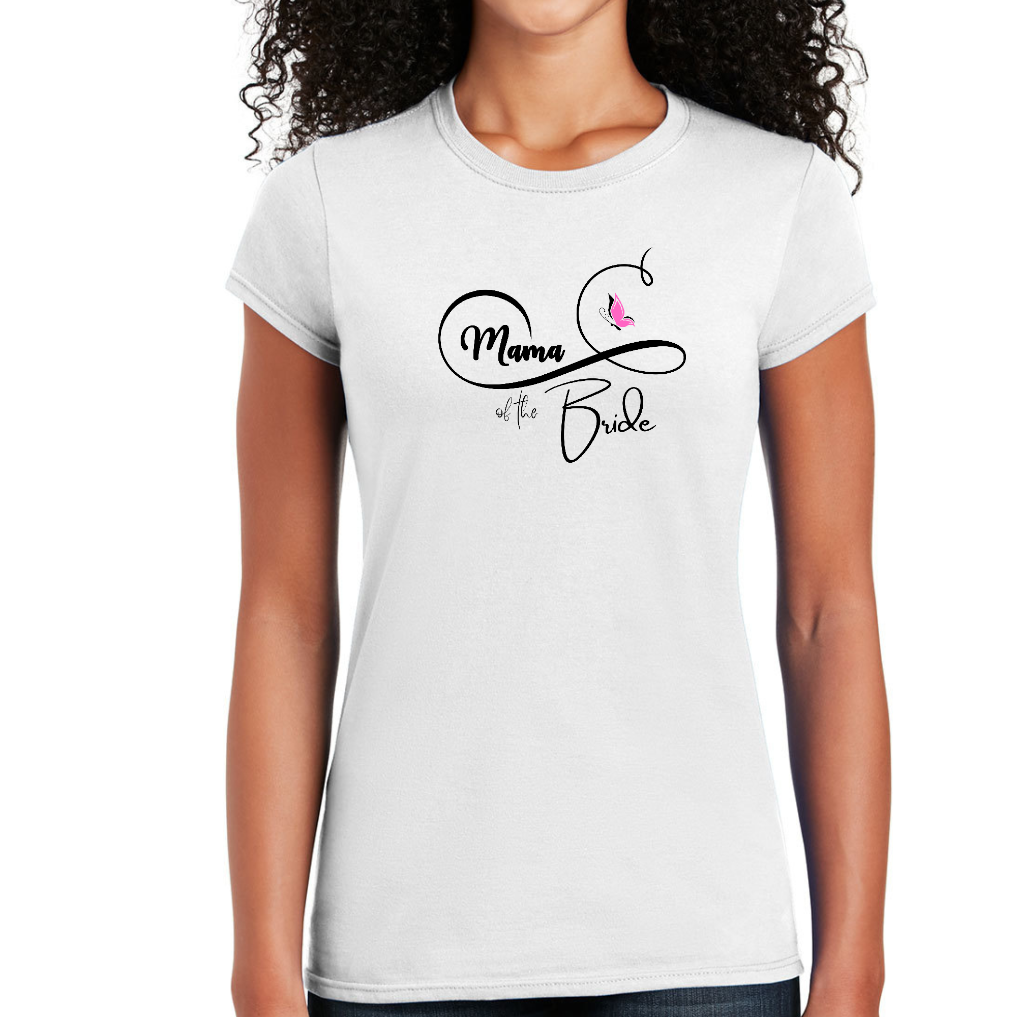 Womens graphic t-shirt in pink with 'Mama of the Bride' text and butterfly illustration, perfect for wedding celebrations.