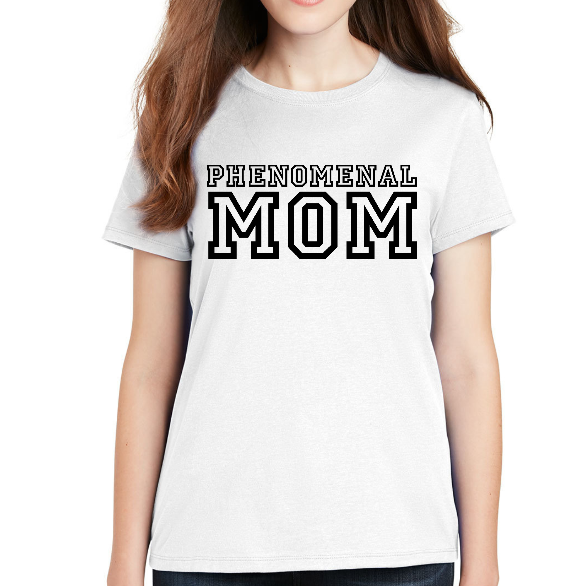 A soft cotton women's graphic t-shirt featuring a vibrant 'Phenomenal Mom' print, perfect for casual wear.