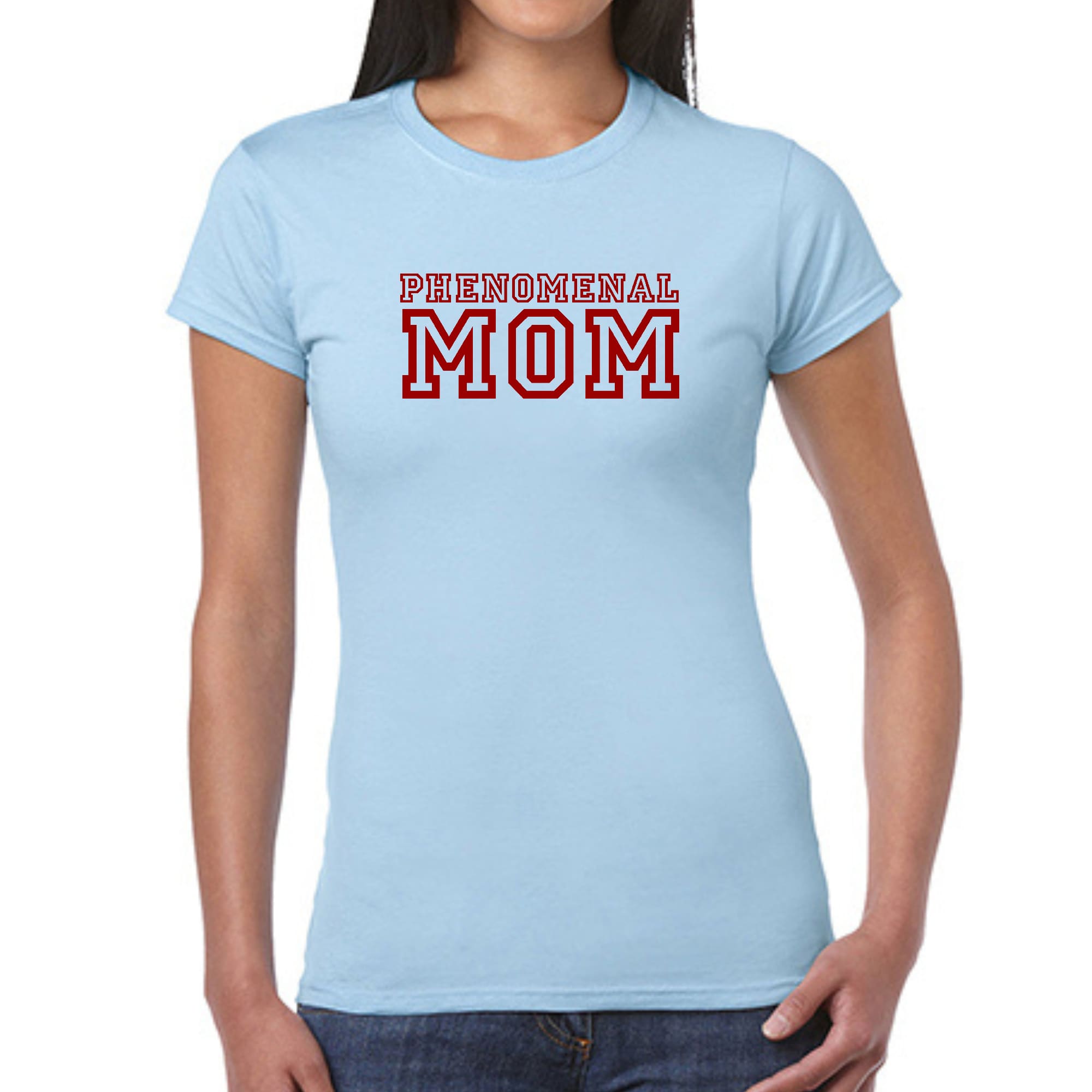 A vibrant red women's graphic t-shirt featuring the text 'Phenomenal Mom' in stylish print, showcasing its soft cotton fabric and comfortable fit.