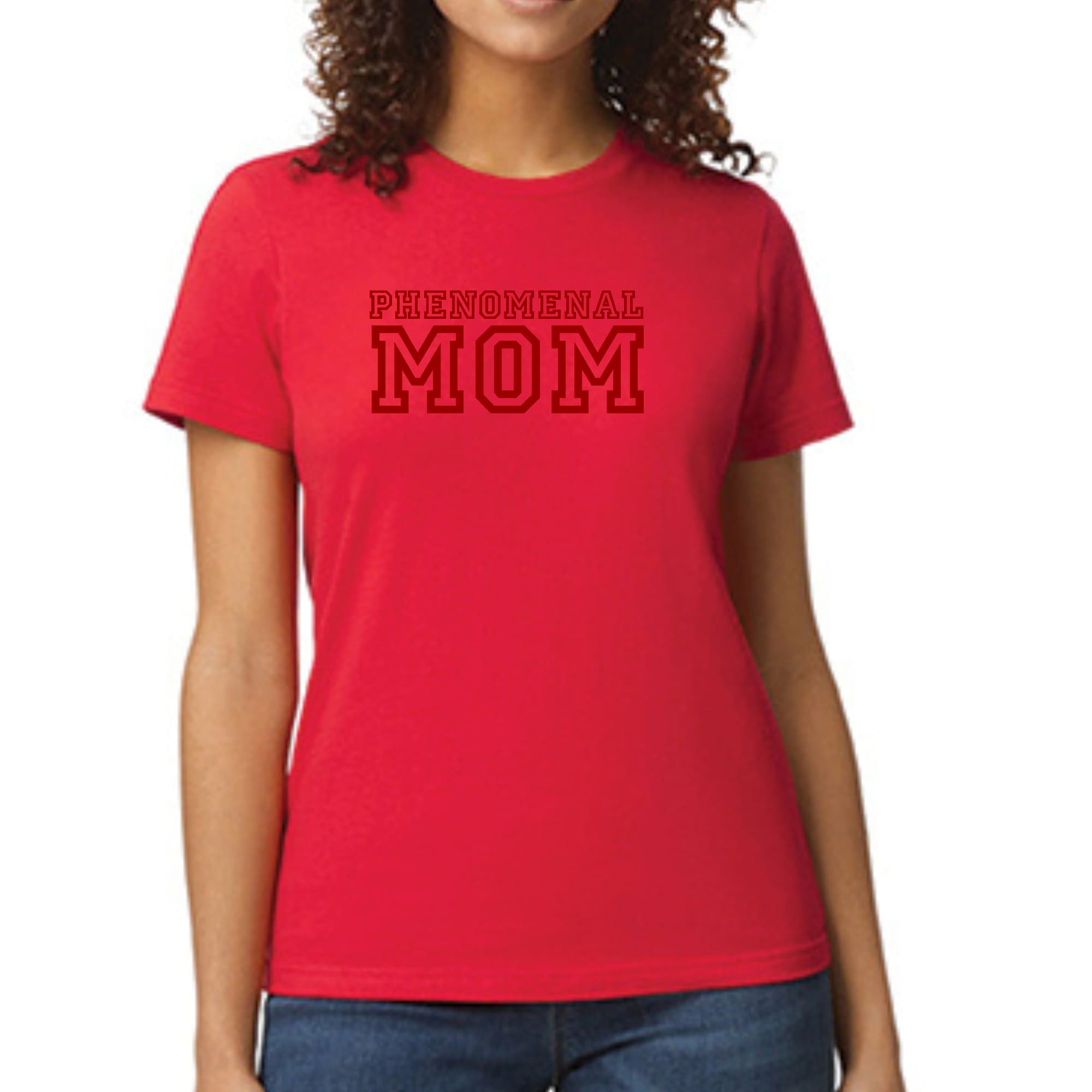 A vibrant red women's graphic t-shirt featuring the text 'Phenomenal Mom' in stylish print, showcasing its soft cotton fabric and comfortable fit.
