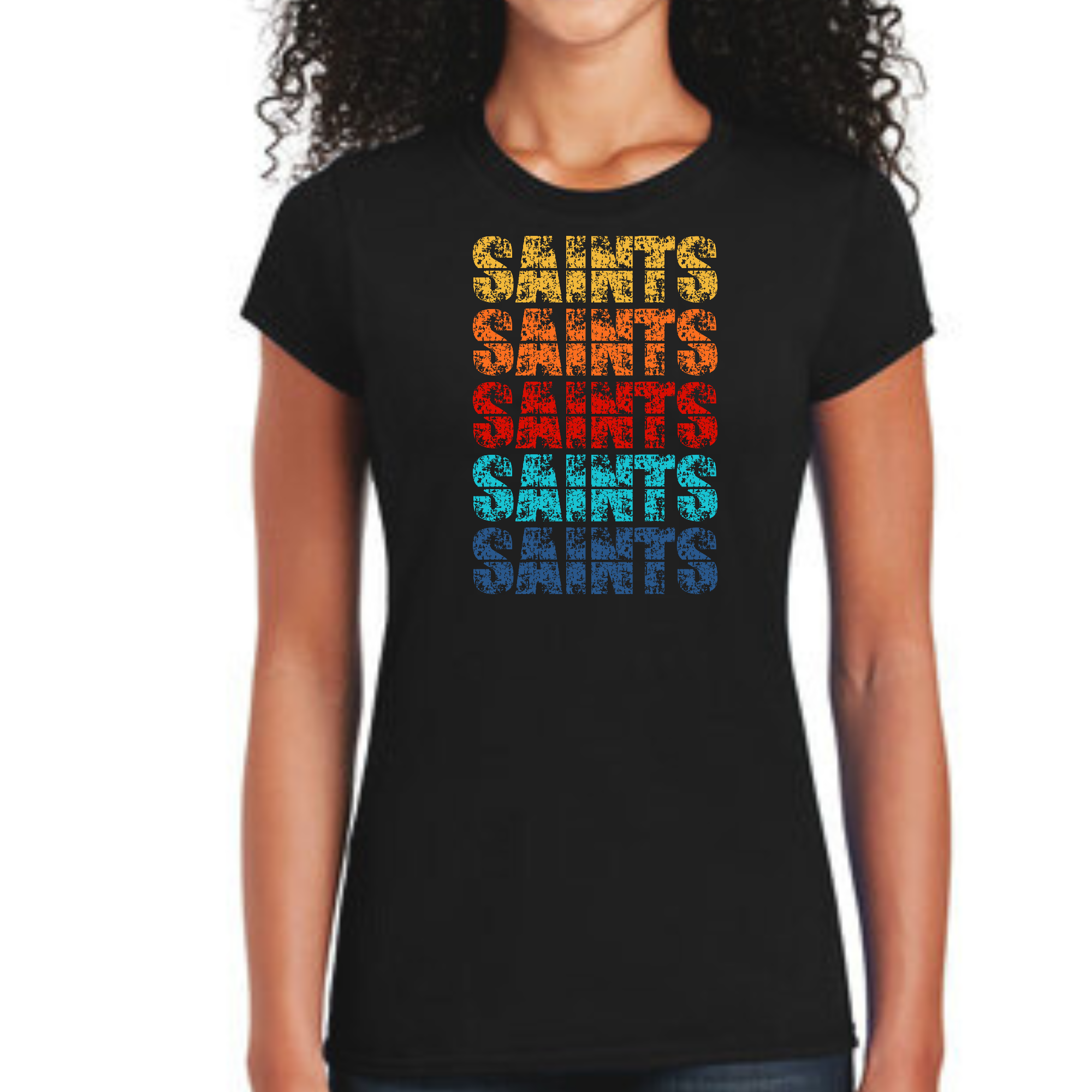A vibrant Women's Graphic T-shirt featuring a colorful Saints art illustration, showcasing artistic expression and individuality.