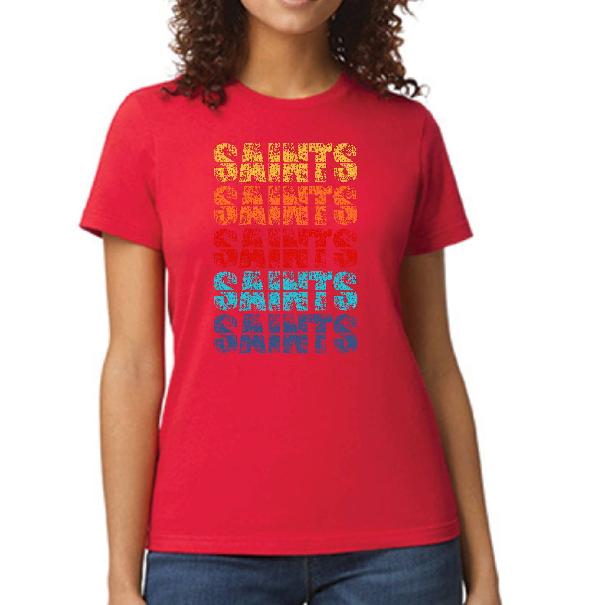 A vibrant Women's Graphic T-shirt featuring a colorful Saints art illustration, showcasing artistic expression and individuality.