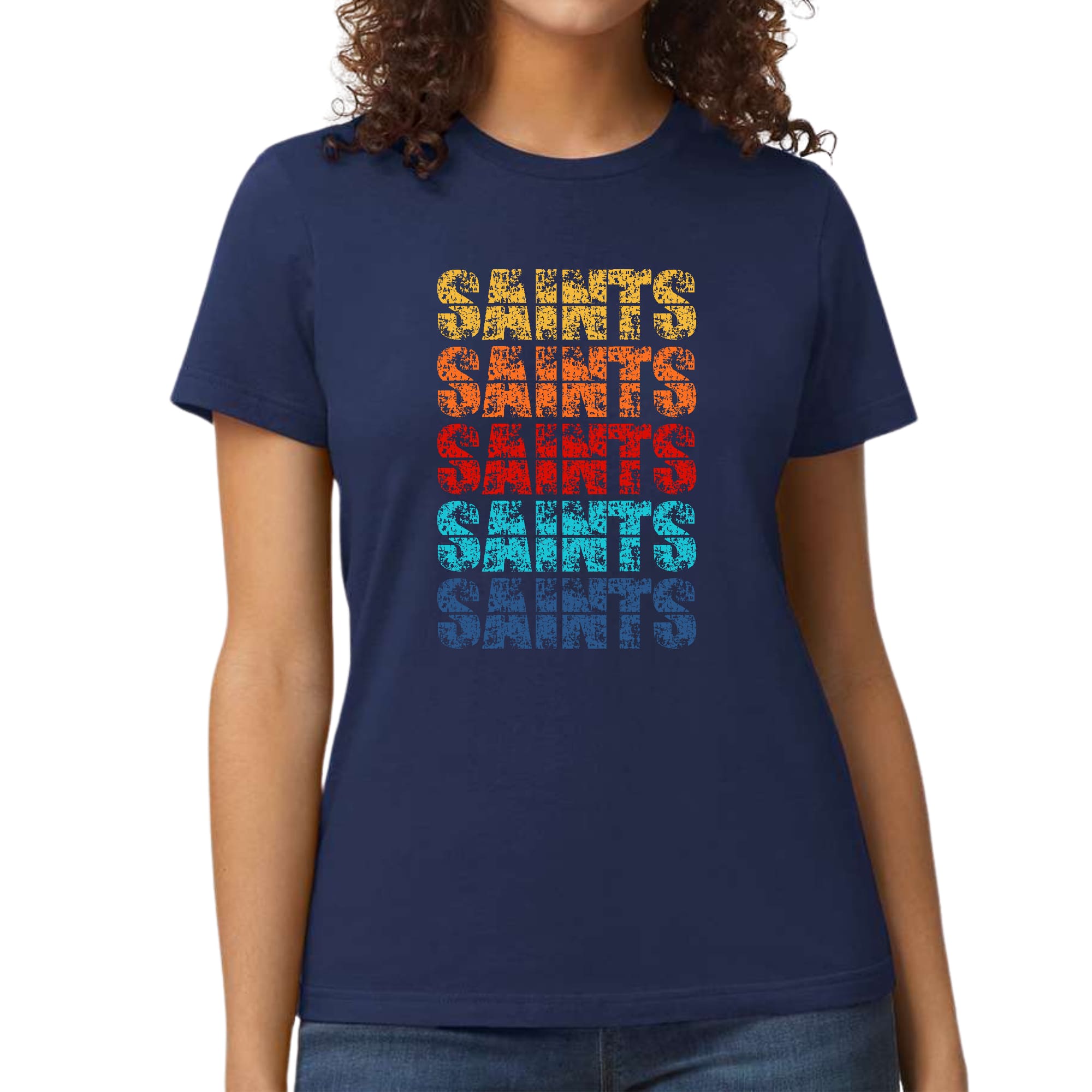 A vibrant Women's Graphic T-shirt featuring a colorful Saints art illustration, showcasing artistic expression and individuality.
