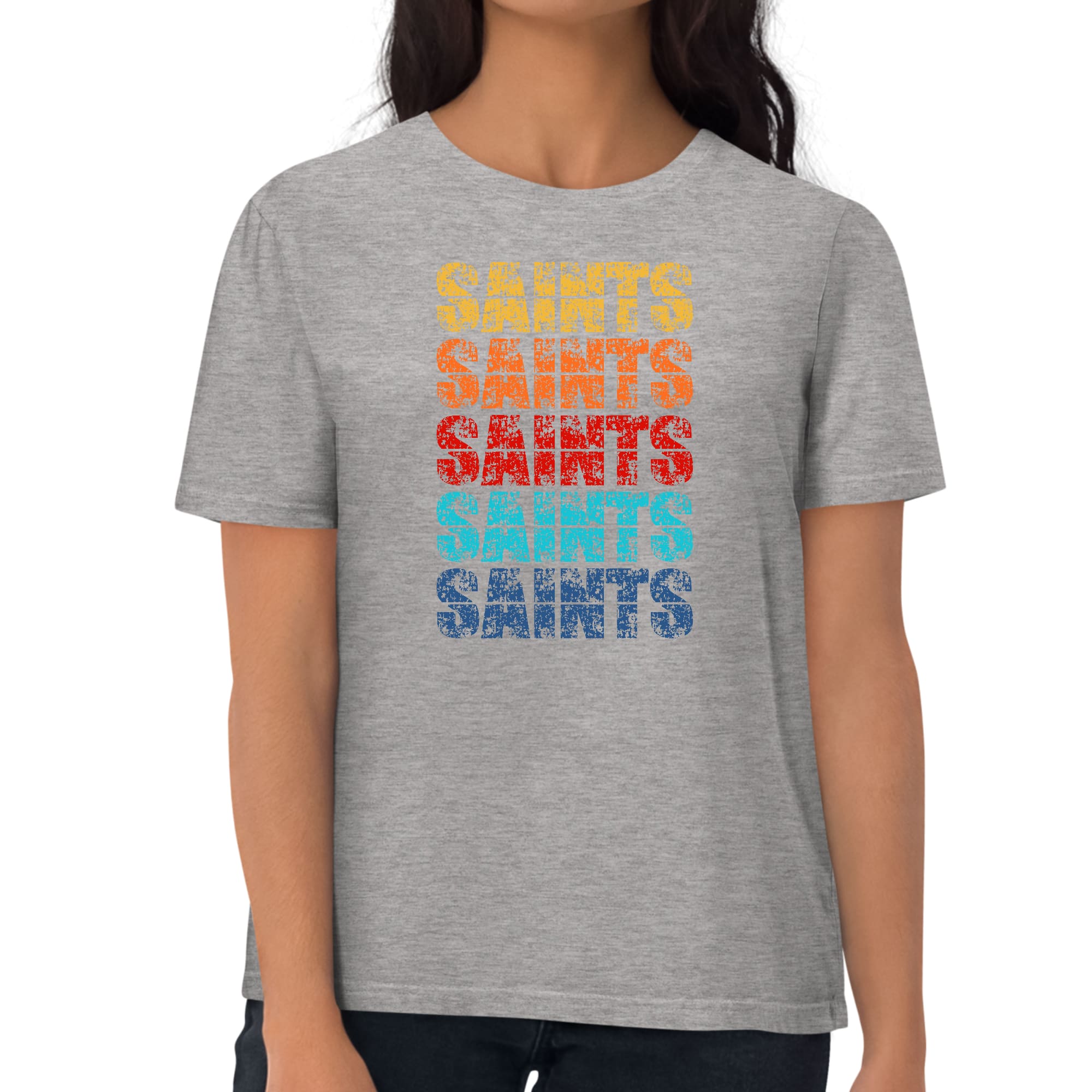 A vibrant Women's Graphic T-shirt featuring a colorful Saints art illustration, showcasing artistic expression and individuality.