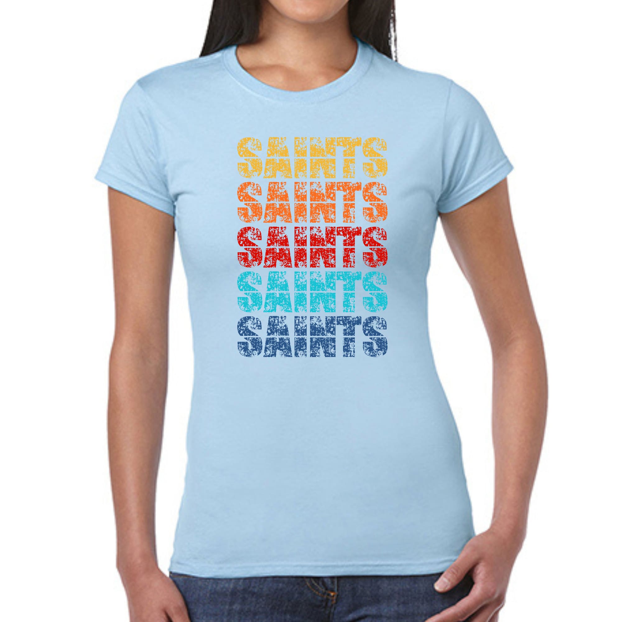 A vibrant Women's Graphic T-shirt featuring a colorful Saints art illustration, showcasing artistic expression and individuality.
