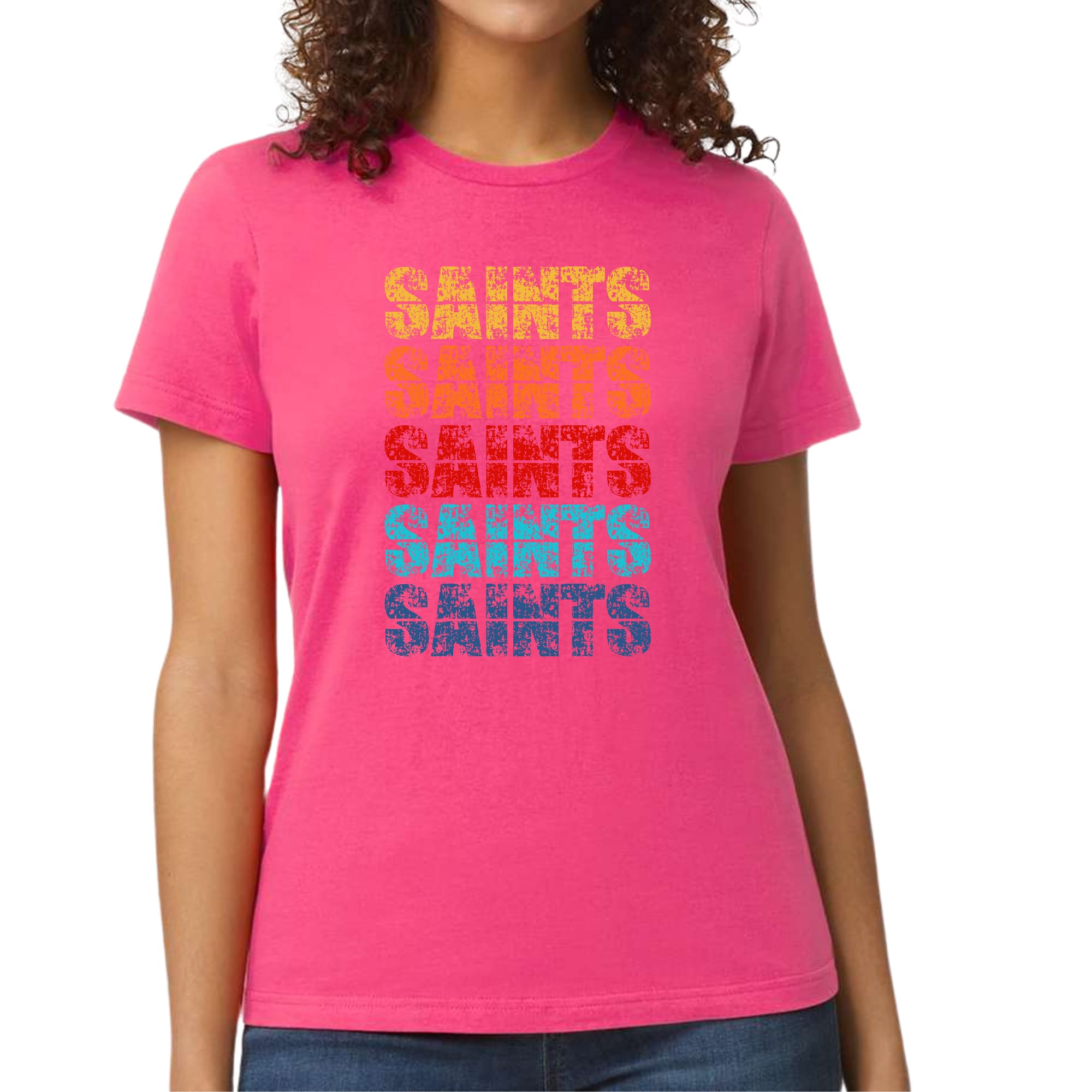 A vibrant Women's Graphic T-shirt featuring a colorful Saints art illustration, showcasing artistic expression and individuality.