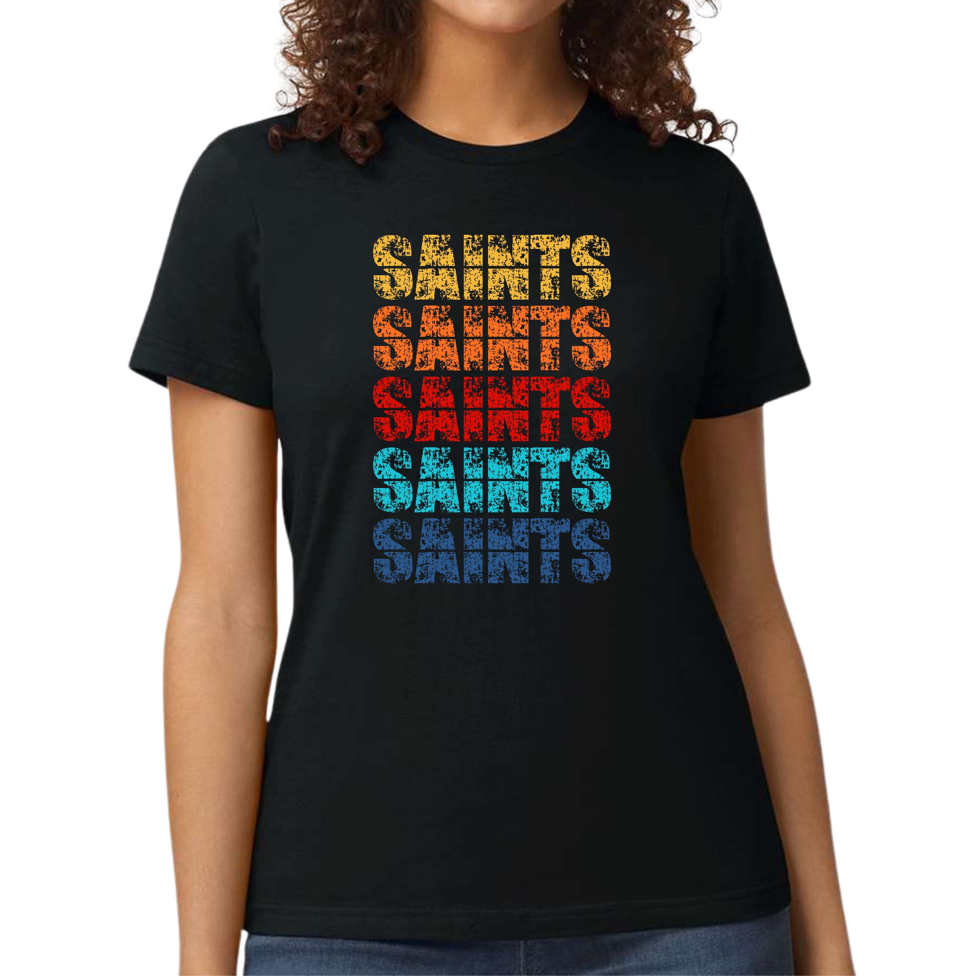 A vibrant Women's Graphic T-shirt featuring a colorful Saints art illustration, showcasing artistic expression and individuality.