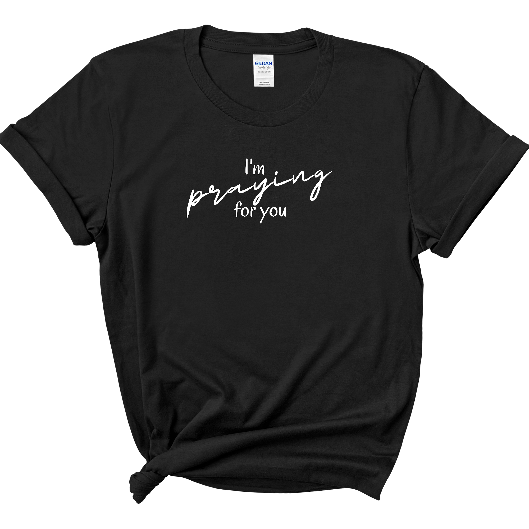 Women's graphic t-shirt featuring 'Say It Soul, I'm Praying For You' illustration, made from soft preshrunk cotton.