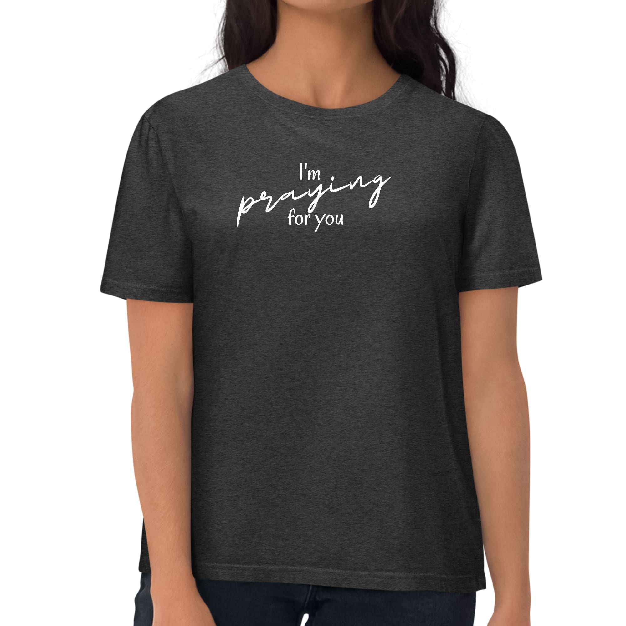 Women's graphic t-shirt featuring 'Say It Soul, I'm Praying For You' illustration, made from soft preshrunk cotton.