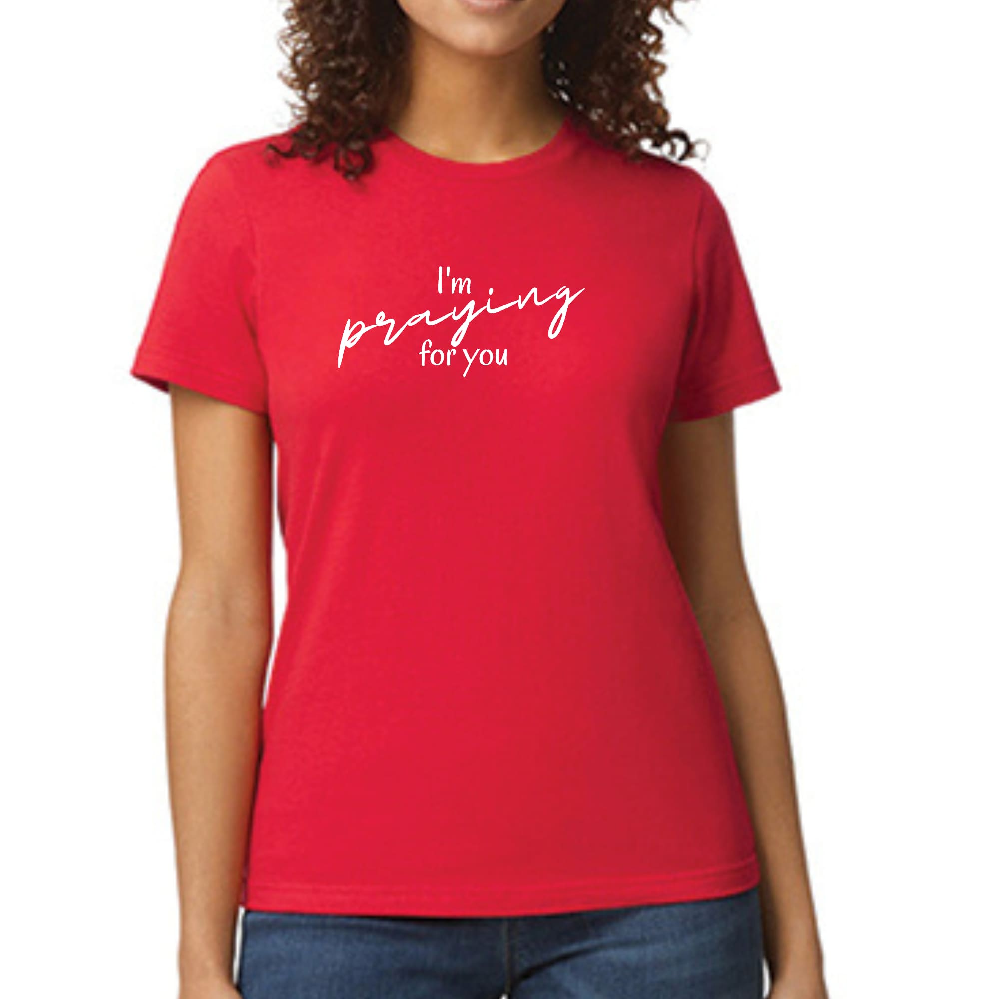 Women's graphic t-shirt featuring 'Say It Soul, I'm Praying For You' illustration, made from soft preshrunk cotton.