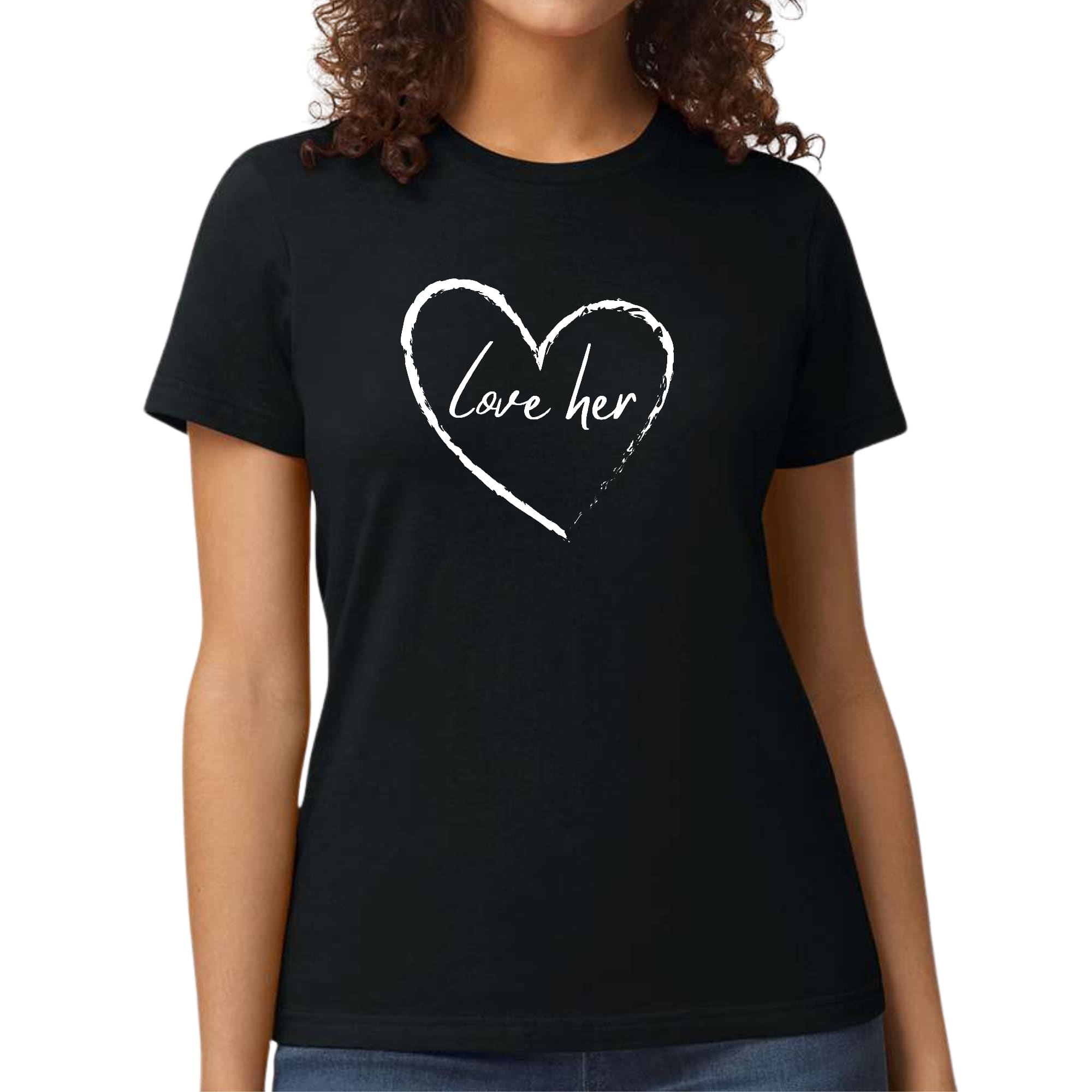 Womens Graphic T-shirt featuring the phrase 'Say it Soul Love Her' with artistic design, made from soft cotton fabric.