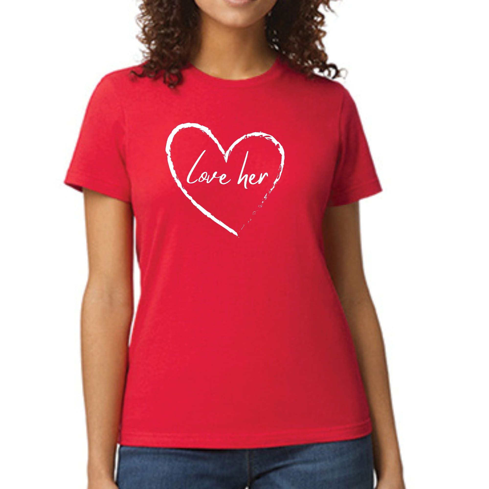 Womens Graphic T-shirt featuring the phrase 'Say it Soul Love Her' with artistic design, made from soft cotton fabric.