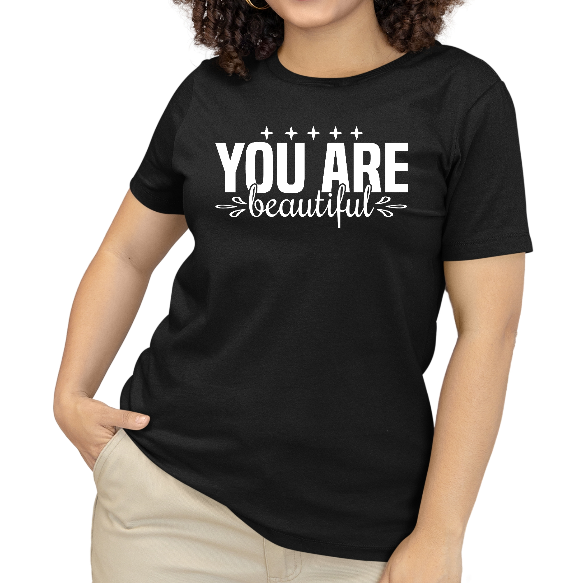 A comfortable women's graphic T-shirt featuring the inspirational phrase 'You Are Beautiful' in a stylish design, made from soft preshrunk cotton.