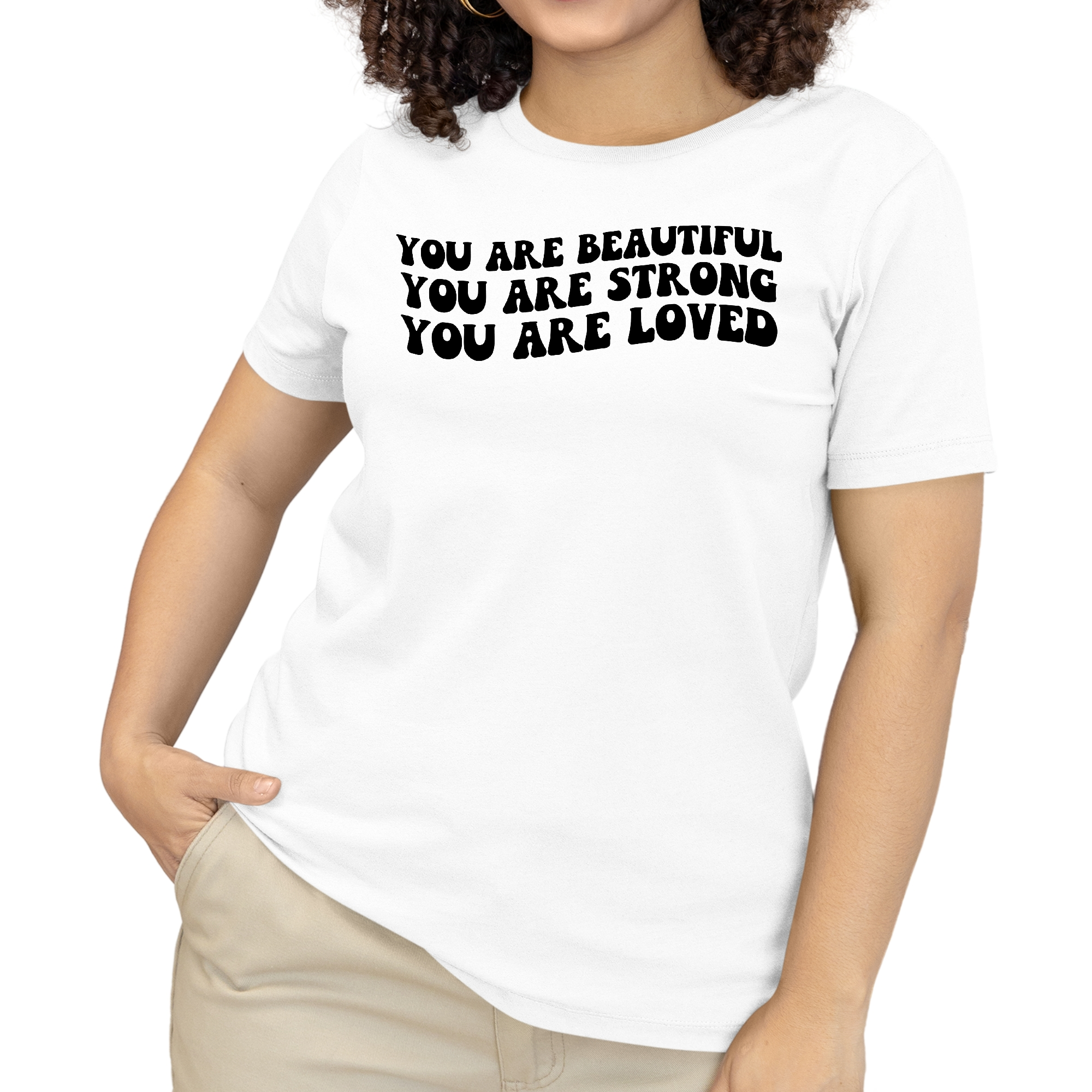 Women's Graphic T-shirt featuring a black illustration with the text 'You are Beautiful Strong', made from soft preshrunk cotton.