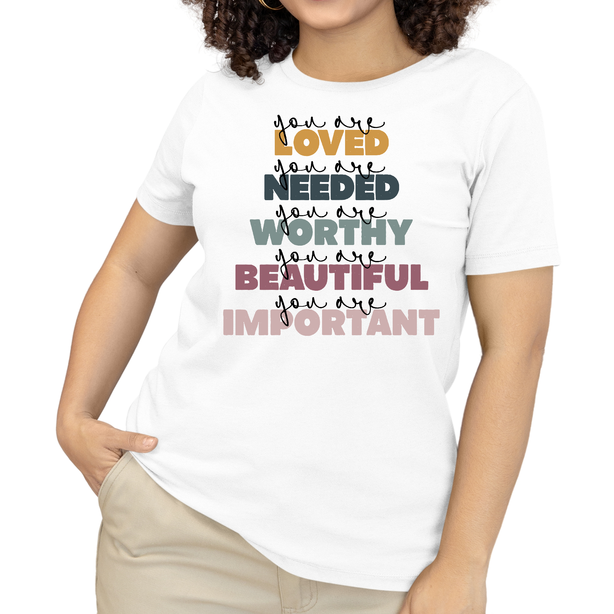 A comfortable Women's Graphic T-shirt featuring the inspirational phrase 'You are Loved', made from soft preshrunk cotton.