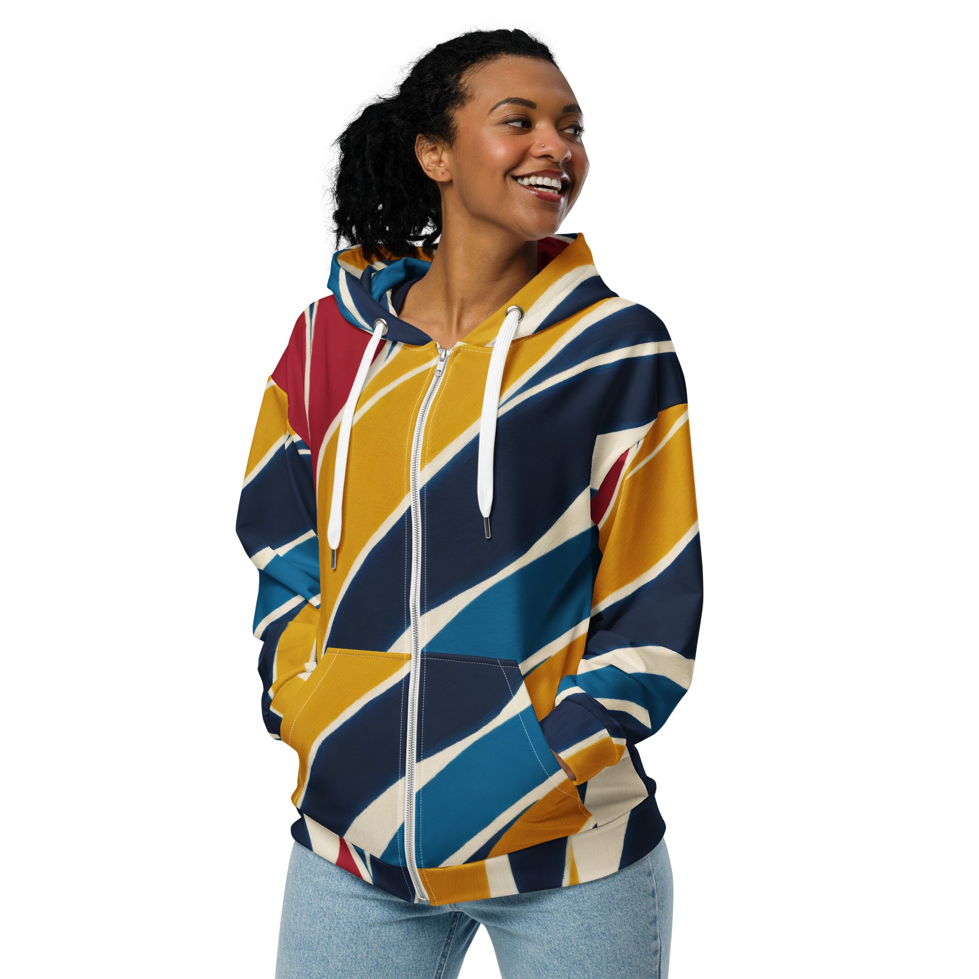 Womens Graphic Zip Hoodie featuring an Abstract Multicolor Swirl Line Pattern, showcasing vibrant colors and a stylish design.
