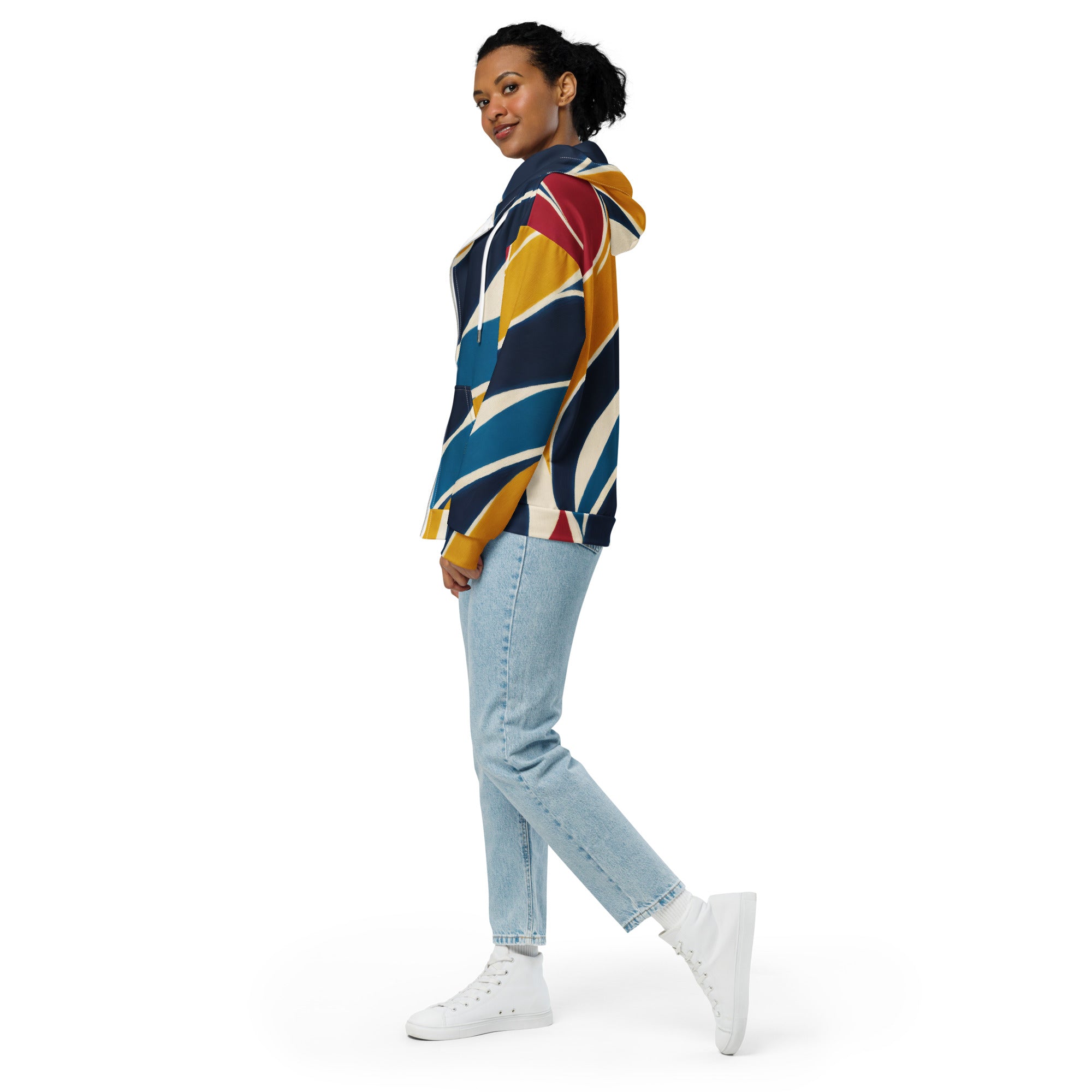 Womens Graphic Zip Hoodie featuring an Abstract Multicolor Swirl Line Pattern, showcasing vibrant colors and a stylish design.
