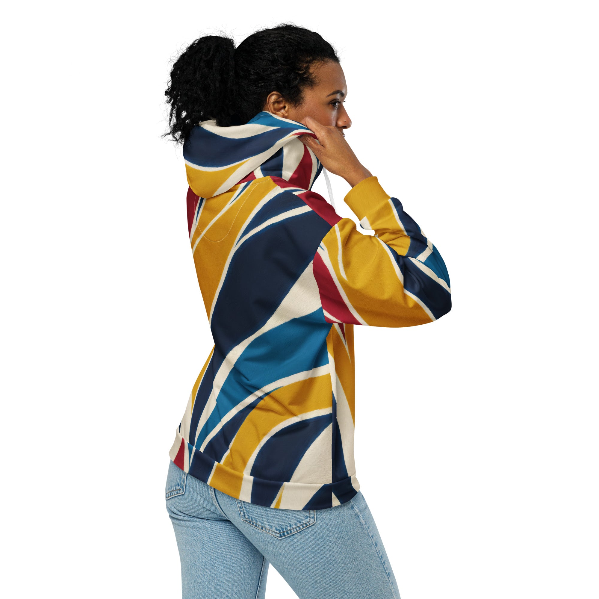 Womens Graphic Zip Hoodie featuring an Abstract Multicolor Swirl Line Pattern, showcasing vibrant colors and a stylish design.