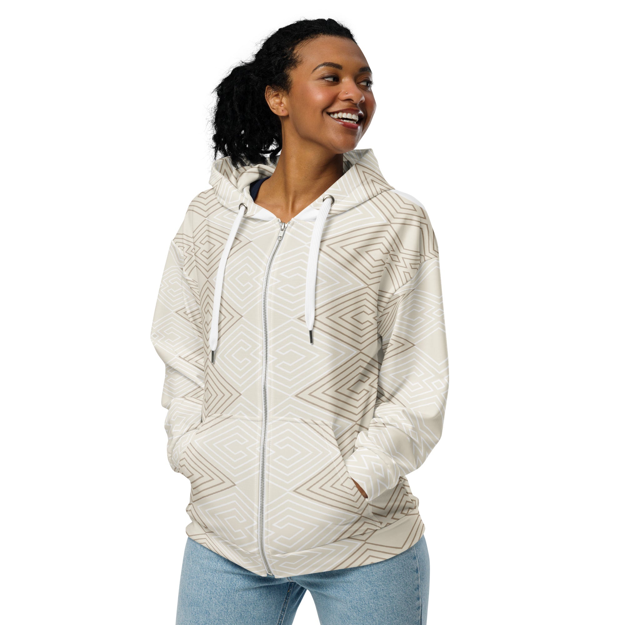 Womens Graphic Zip Hoodie in Beige Brown featuring Aztec geometric lines, showcasing its soft fabric and stylish design.