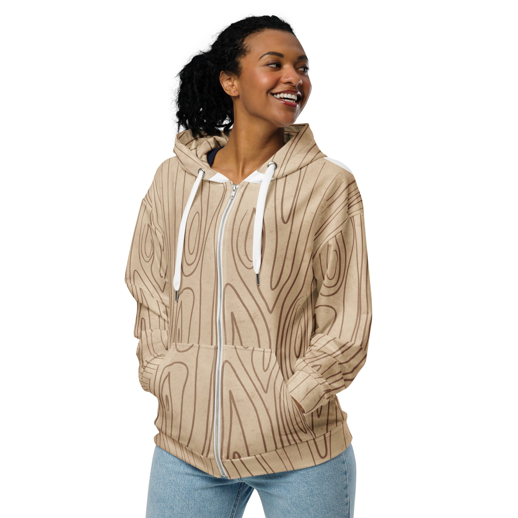 Womens Graphic Zip Hoodie in beige and brown featuring a tree sketch design, showcasing its soft fabric and relaxed fit.