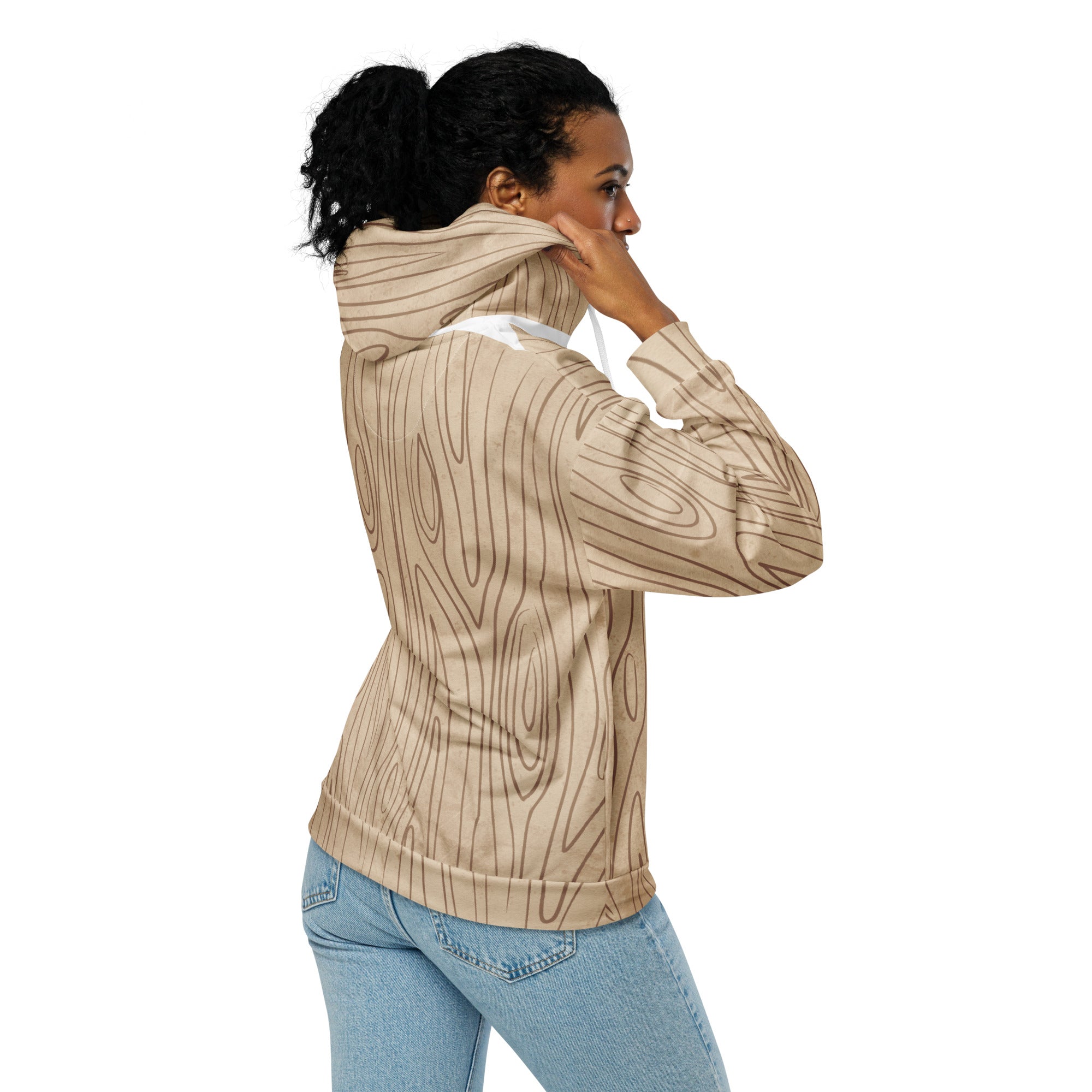 Womens Graphic Zip Hoodie in beige and brown featuring a tree sketch design, showcasing its soft fabric and relaxed fit.