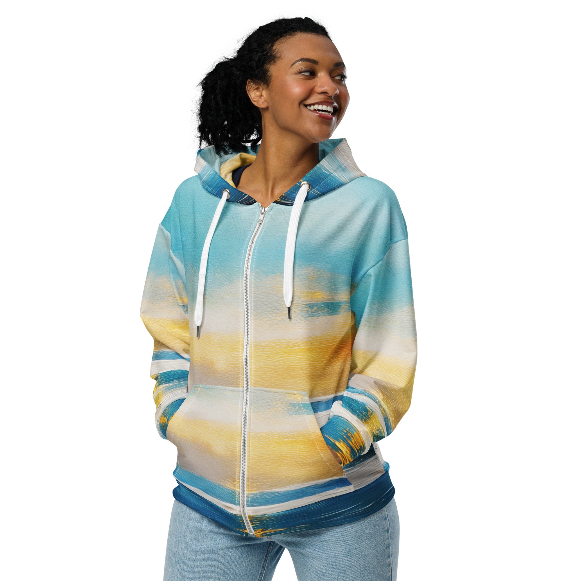 Womens Graphic Zip Hoodie featuring Blue Ocean Golden Sunset Print, showcasing a relaxed fit and stylish design.