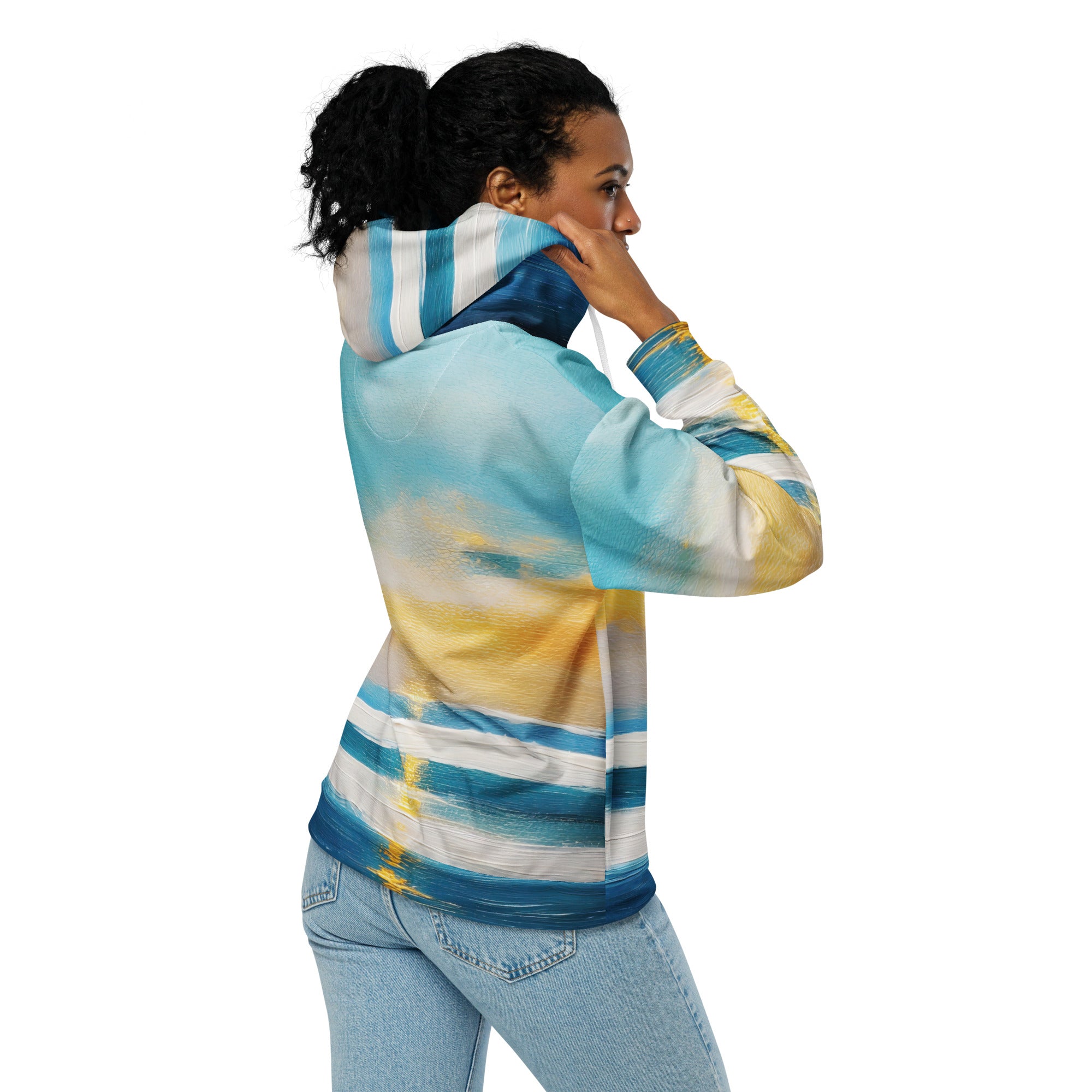 Womens Graphic Zip Hoodie featuring Blue Ocean Golden Sunset Print, showcasing a relaxed fit and stylish design.