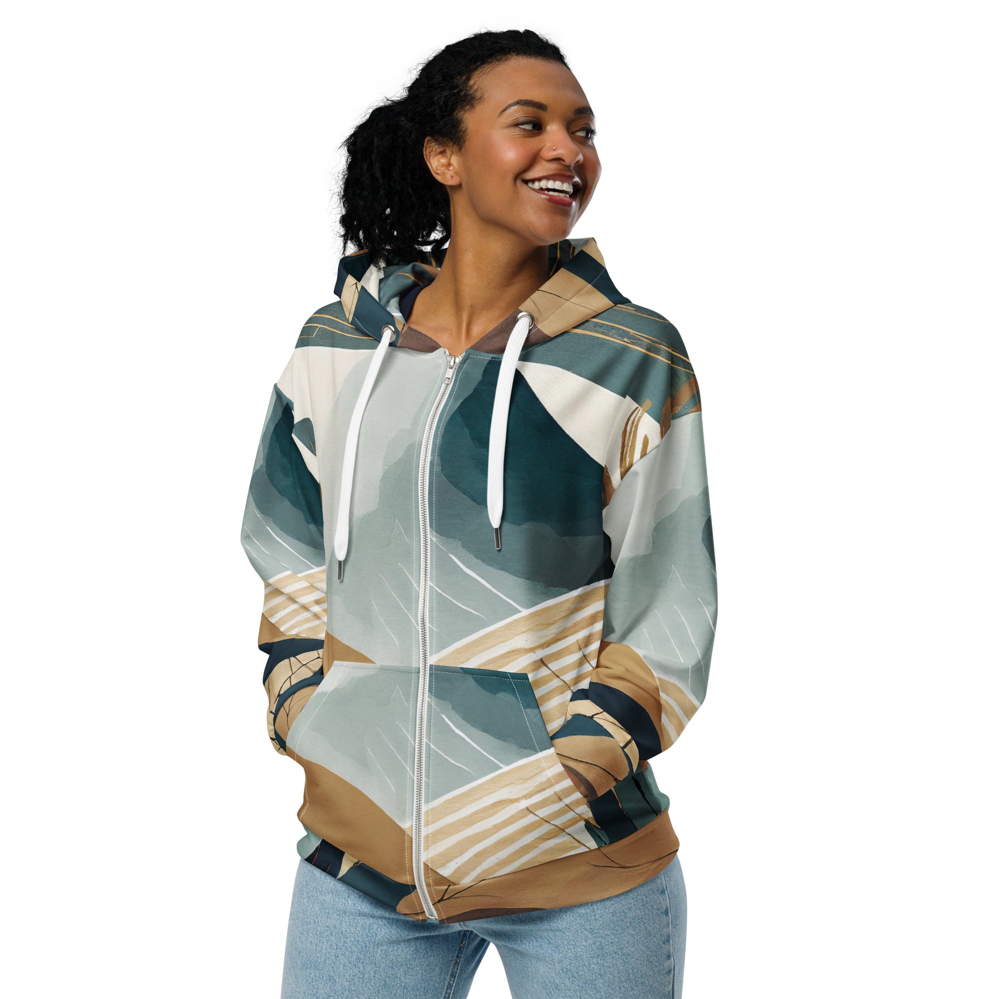 Womens Graphic Zip Hoodie featuring a boho style print, showcasing a relaxed fit with drop shoulders and a double-lined hood.