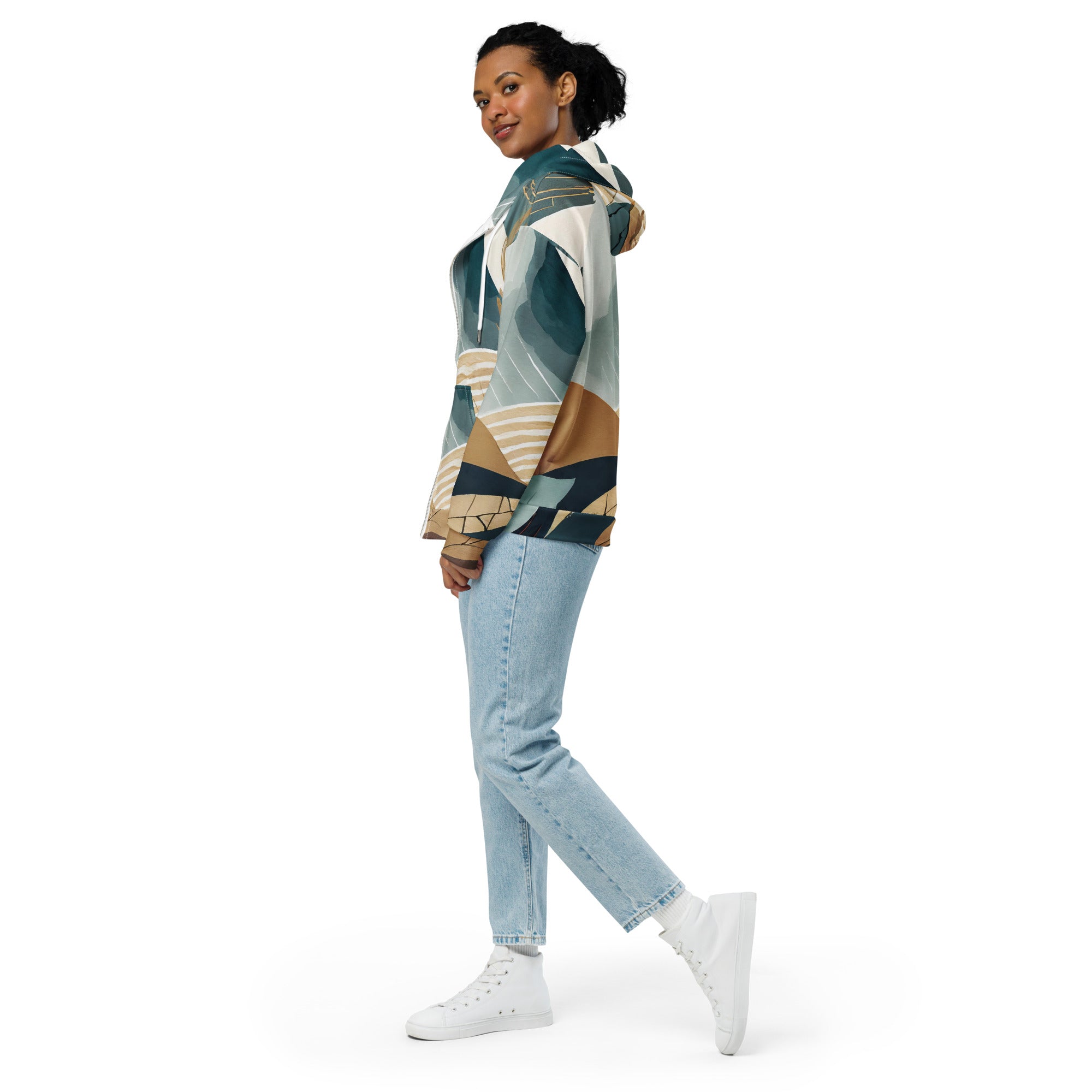 Womens Graphic Zip Hoodie featuring a boho style print, showcasing a relaxed fit with drop shoulders and a double-lined hood.