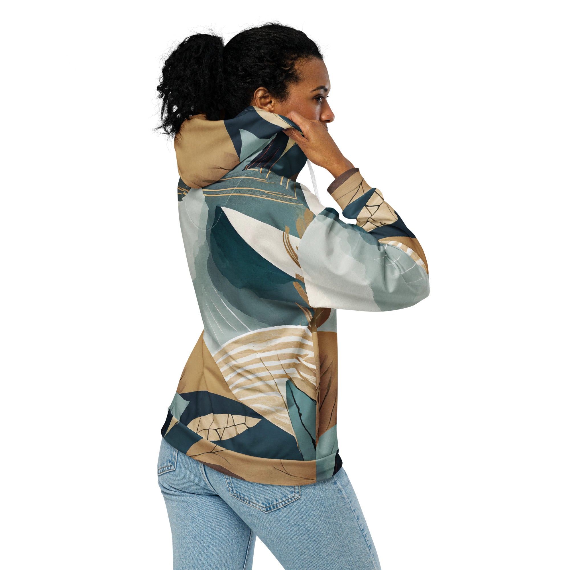 Womens Graphic Zip Hoodie featuring a boho style print, showcasing a relaxed fit with drop shoulders and a double-lined hood.