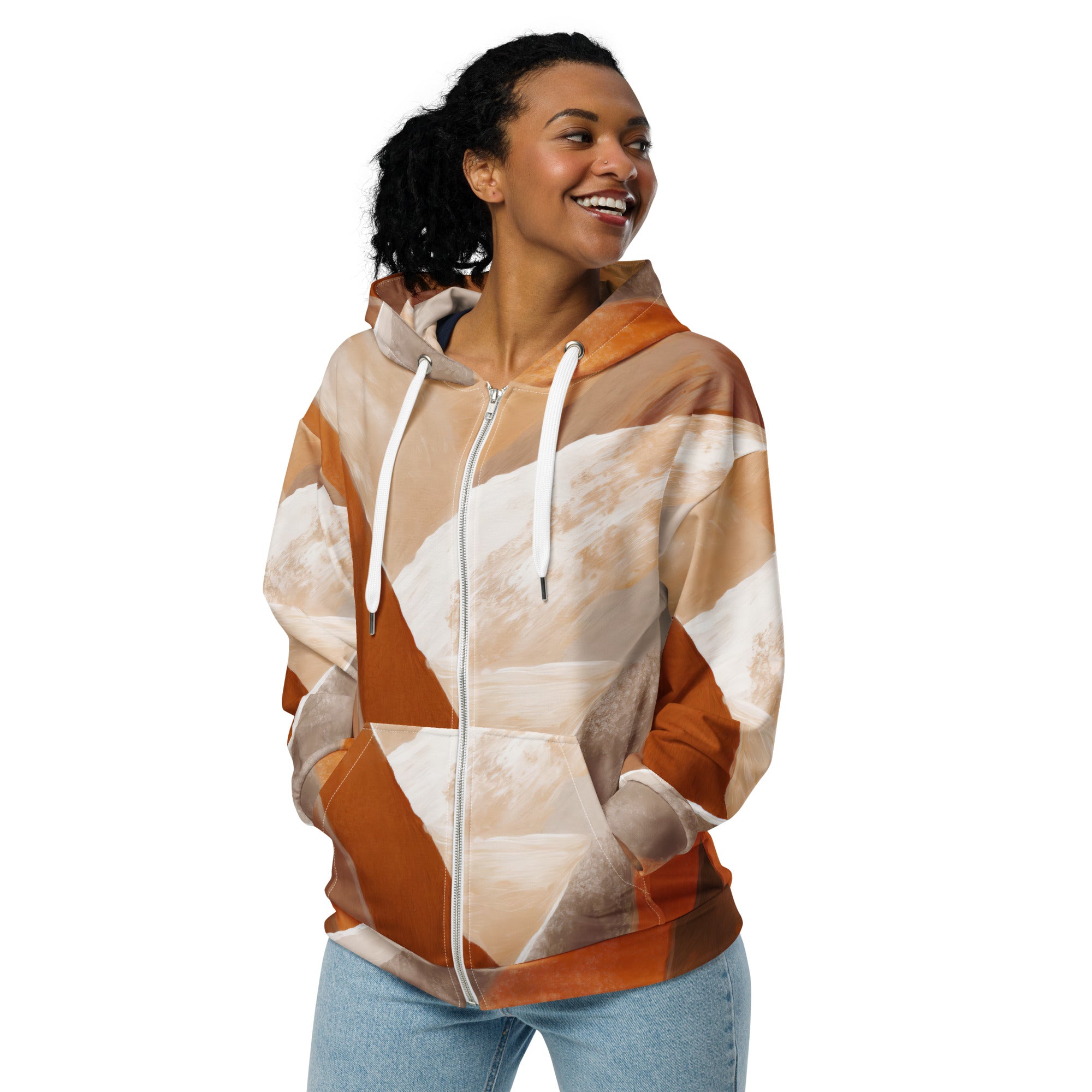 Womens Graphic Zip Hoodie featuring a vibrant boho watercolor print, showcasing its soft fabric and relaxed fit.