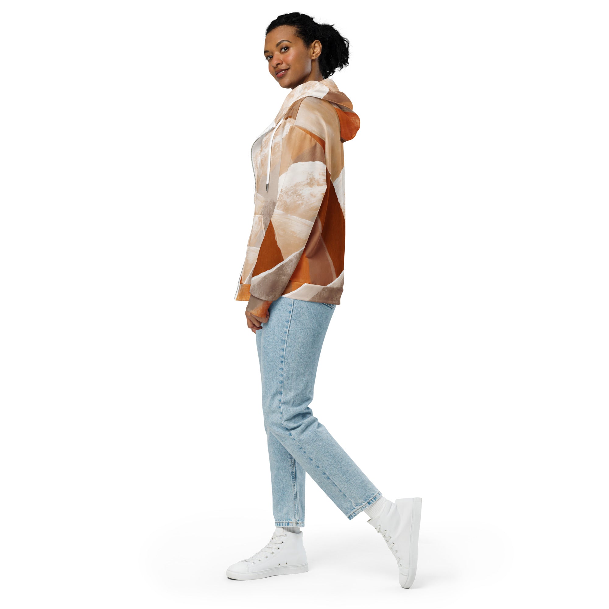 Womens Graphic Zip Hoodie featuring a vibrant boho watercolor print, showcasing its soft fabric and relaxed fit.