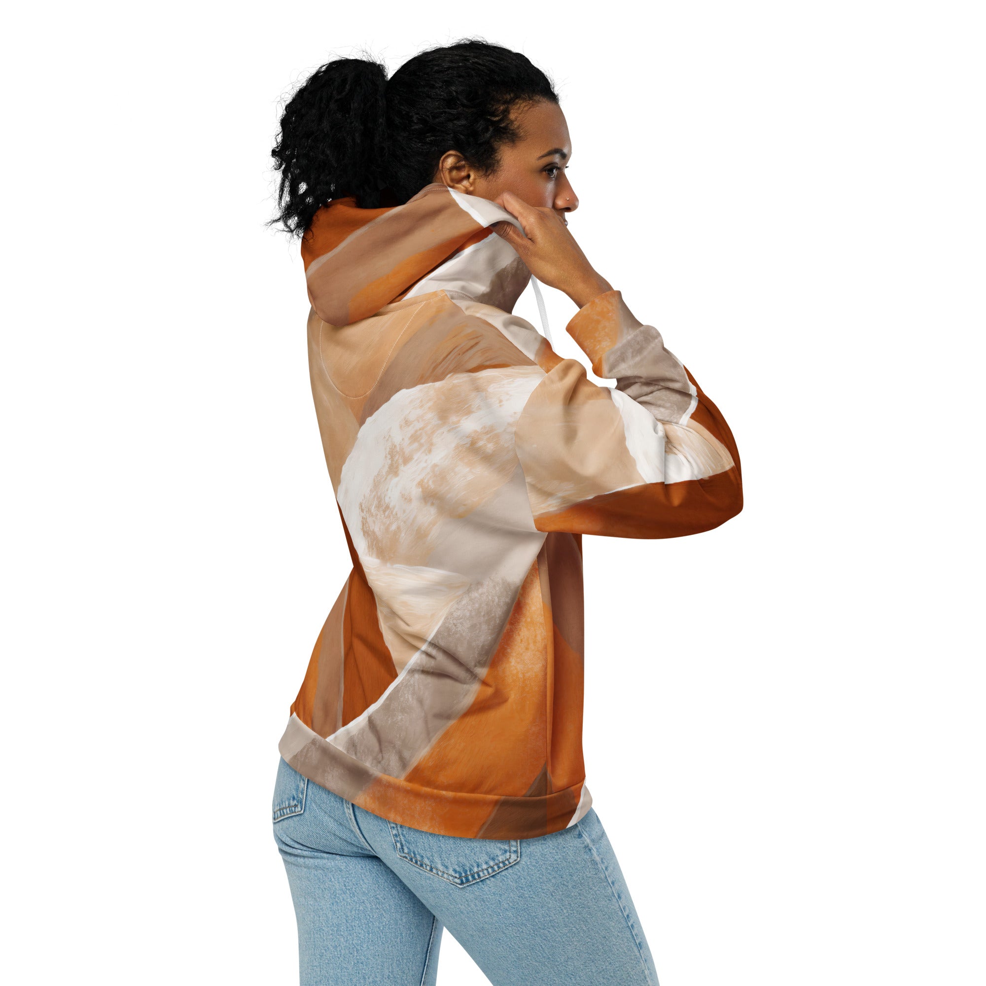 Womens Graphic Zip Hoodie featuring a vibrant boho watercolor print, showcasing its soft fabric and relaxed fit.